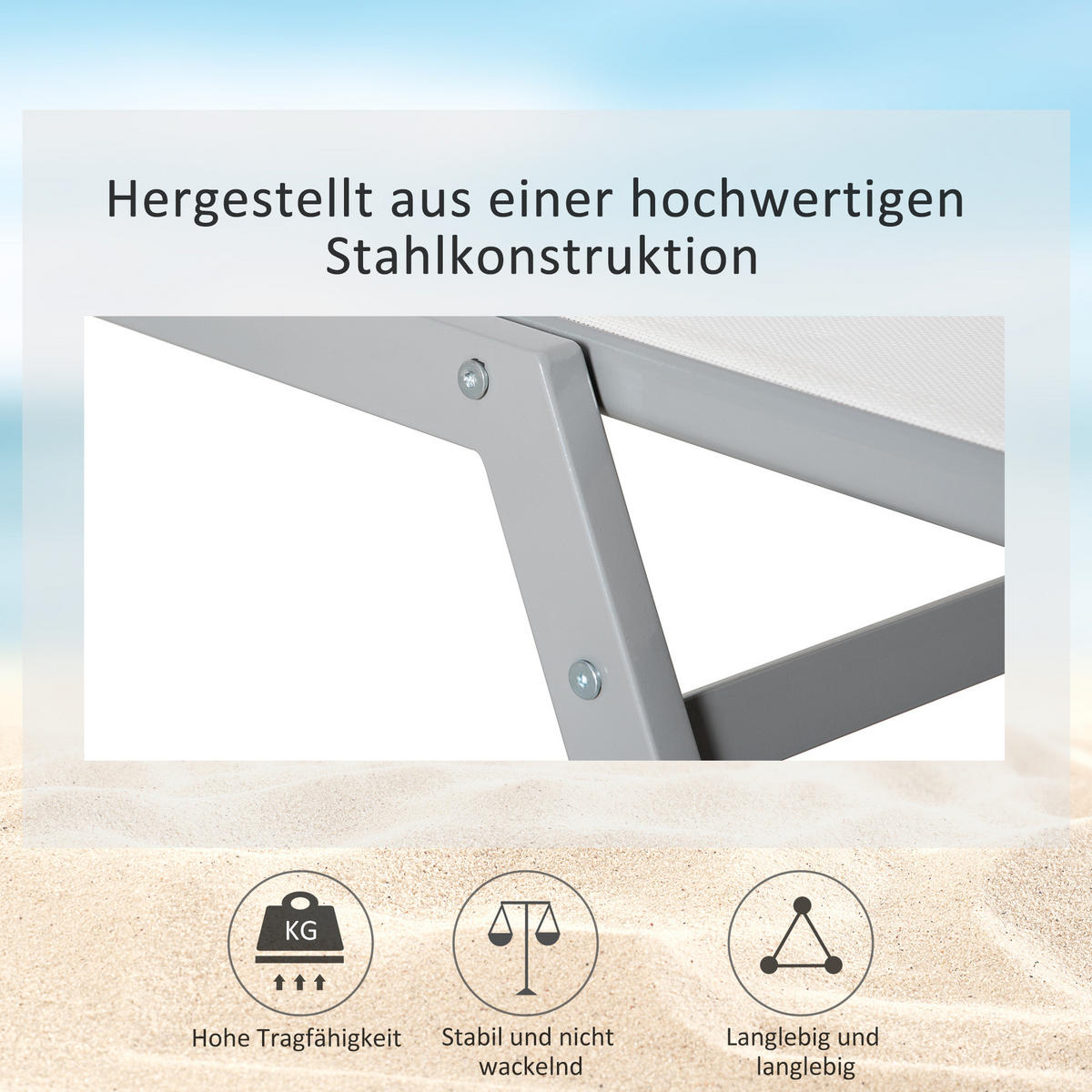 GARTENLIEGE mit 5-stufige Rückenlehne aus Metall, 170 x 58 x 97 cm - Creme, Kunststoff/Metall (58/97/170cm) - Outsunny