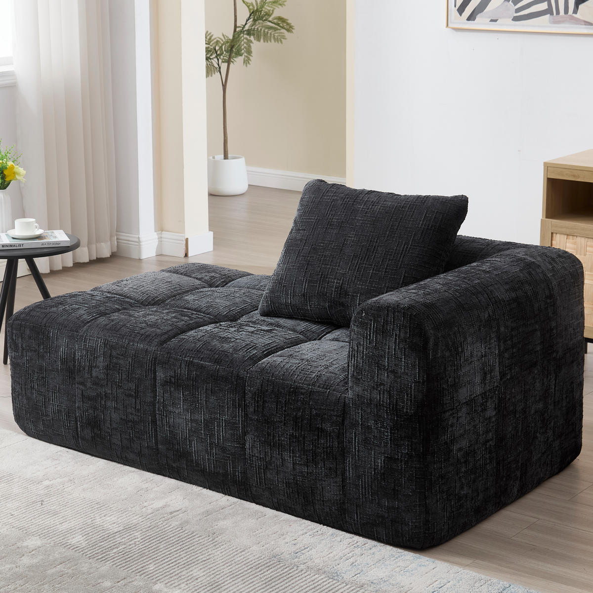 RÉCAMIERE Chenille Schwarz mit Seitentaschen und Kissen - Schwarz, Textil (158/60/90cm) - WISHDOR