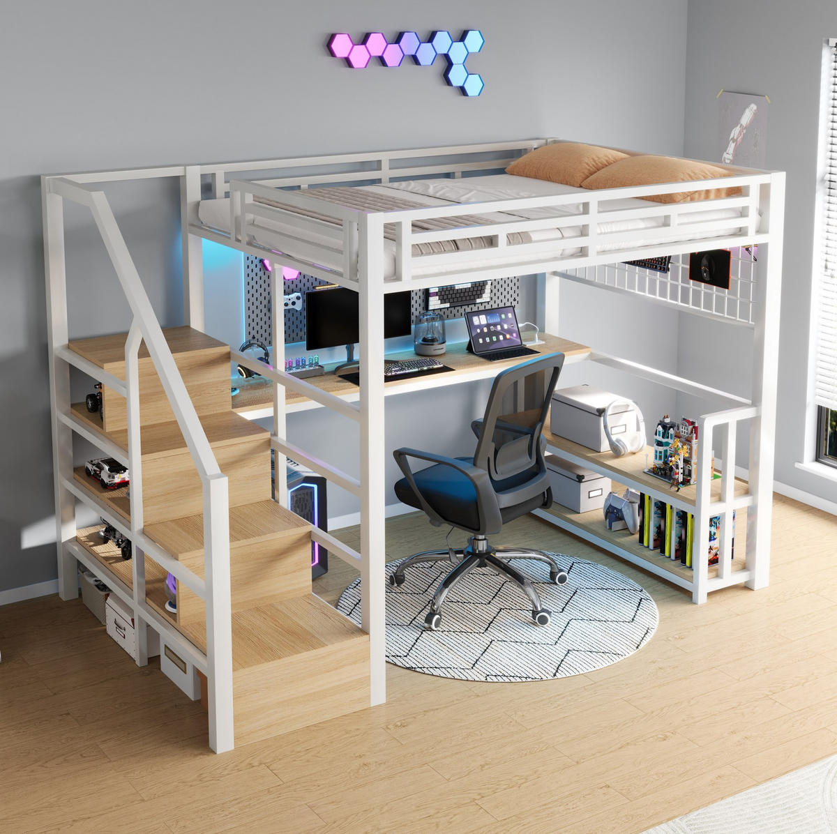 HOCHBETT 140/200 cm aus Metall/MDF mit Schreibtisch, Stauraumtreppe und LED Weiß - Weiß, Metall (140/200cm) - Modenvie