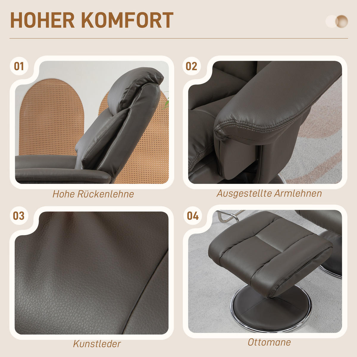 RELAXSESSEL mit Hocker, Fernsehsessel mit Liegefunktion, Wippfunktion Grau - Schwarz/Grau, Leder/Kunststoff (95/107/81cm) - HOMCOM