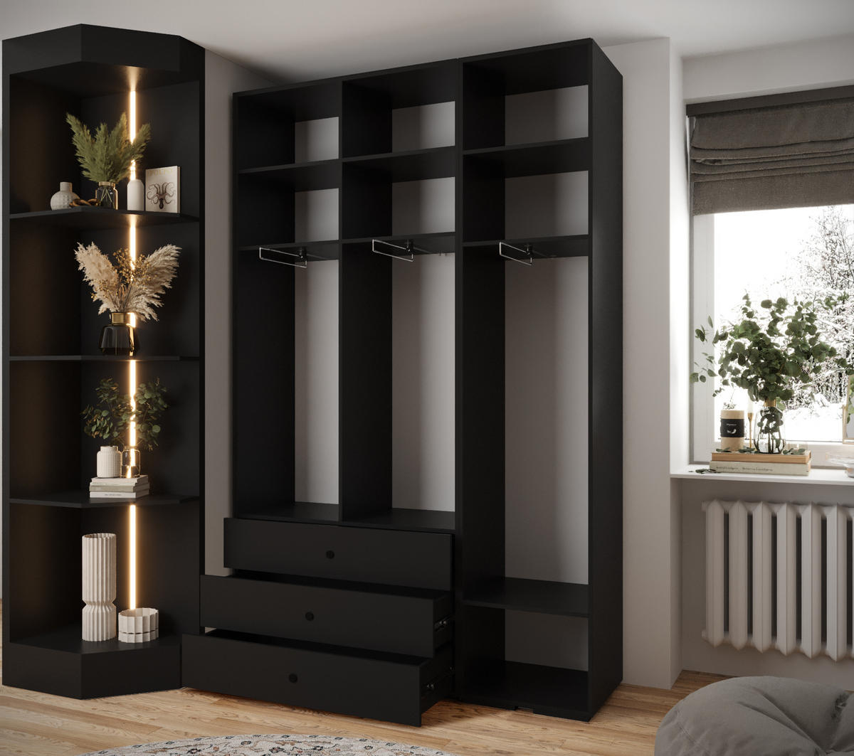 GARDEROBEN-SET 236,7/150/47 - Schwarz, Holz/Kunststoff (150/236.7/47cm) - Abiks Möbel