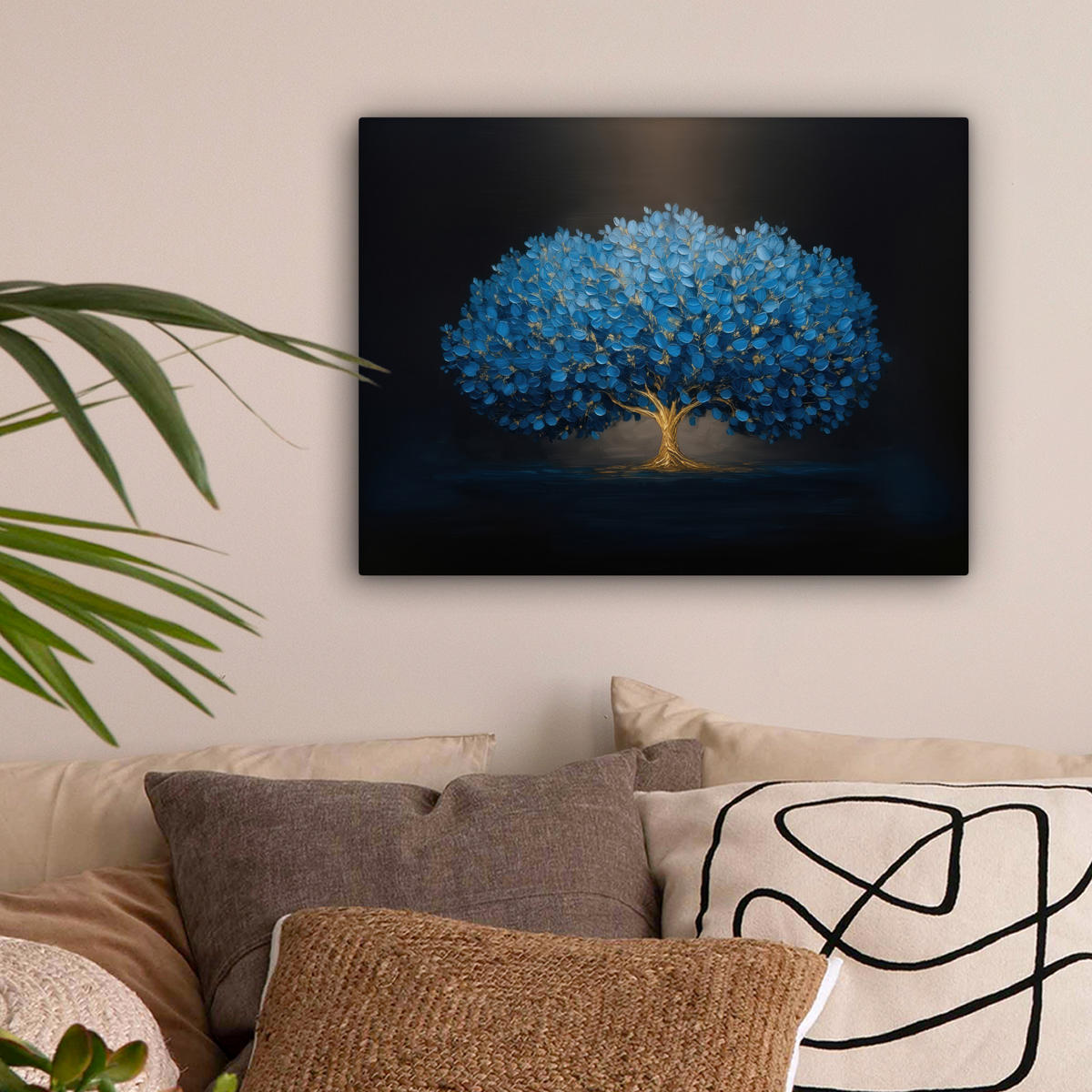 LEINWANDBILD Baum - Blau - Blätter - Pinselstriche Wandbild 40x30 cm - Blau, Textil (40/30cm) - MuchoWow