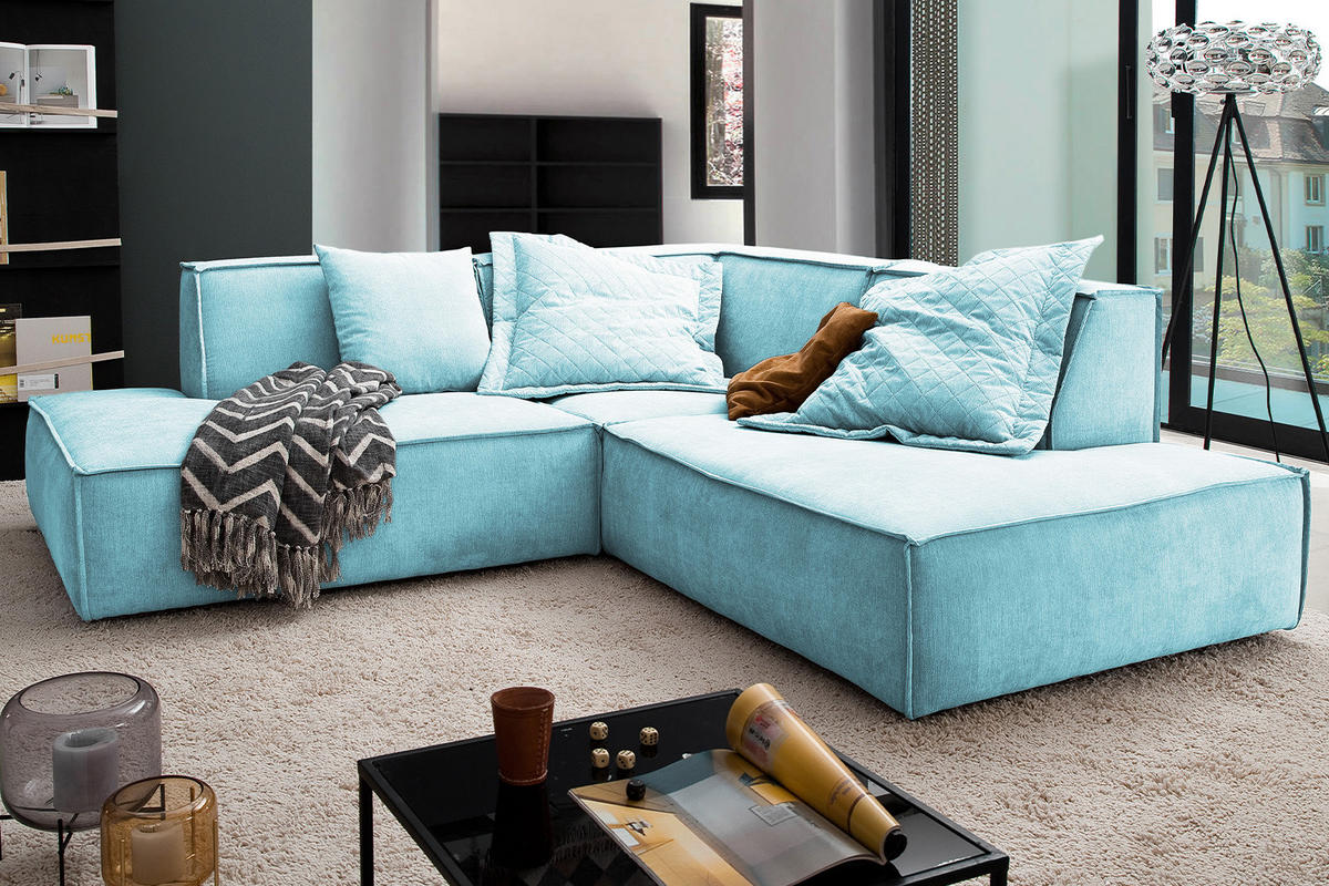 ECKSOFA SAMU Hellblau Webstoff - Schwarz/Hellblau, Textil (226/224cm) - KAWOLA