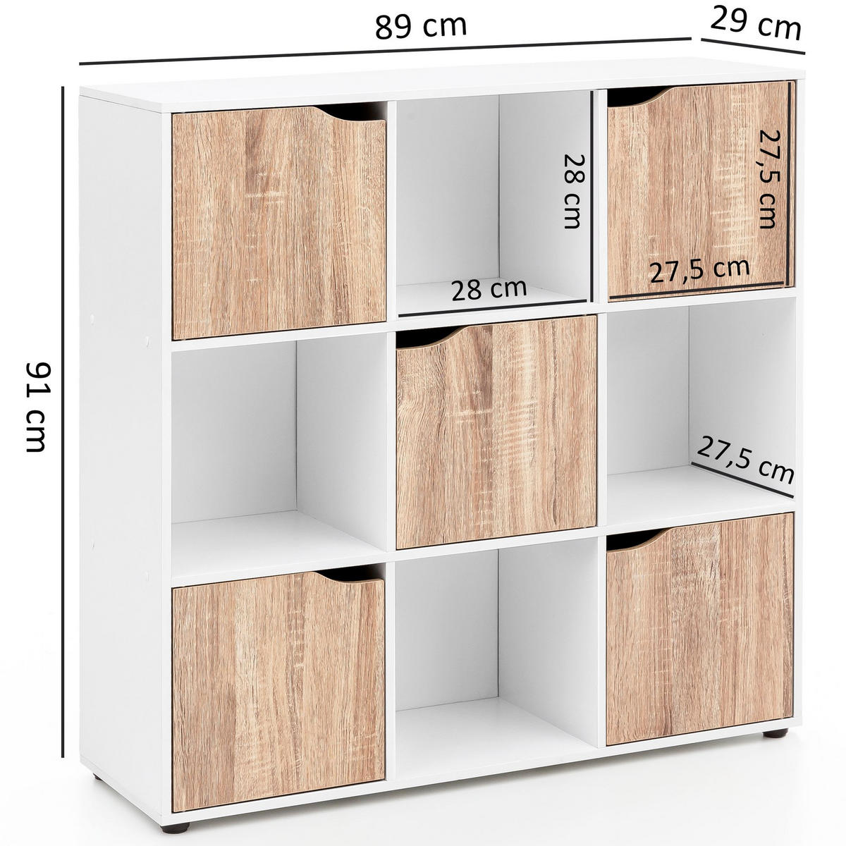REGAL – Weiß/Sonoma, 89x91x29 cm, 9 Fächer, für Bücher und Deko - Schwarz/Weiß, Holz (89/91/29cm) - KADIMA DESIGN