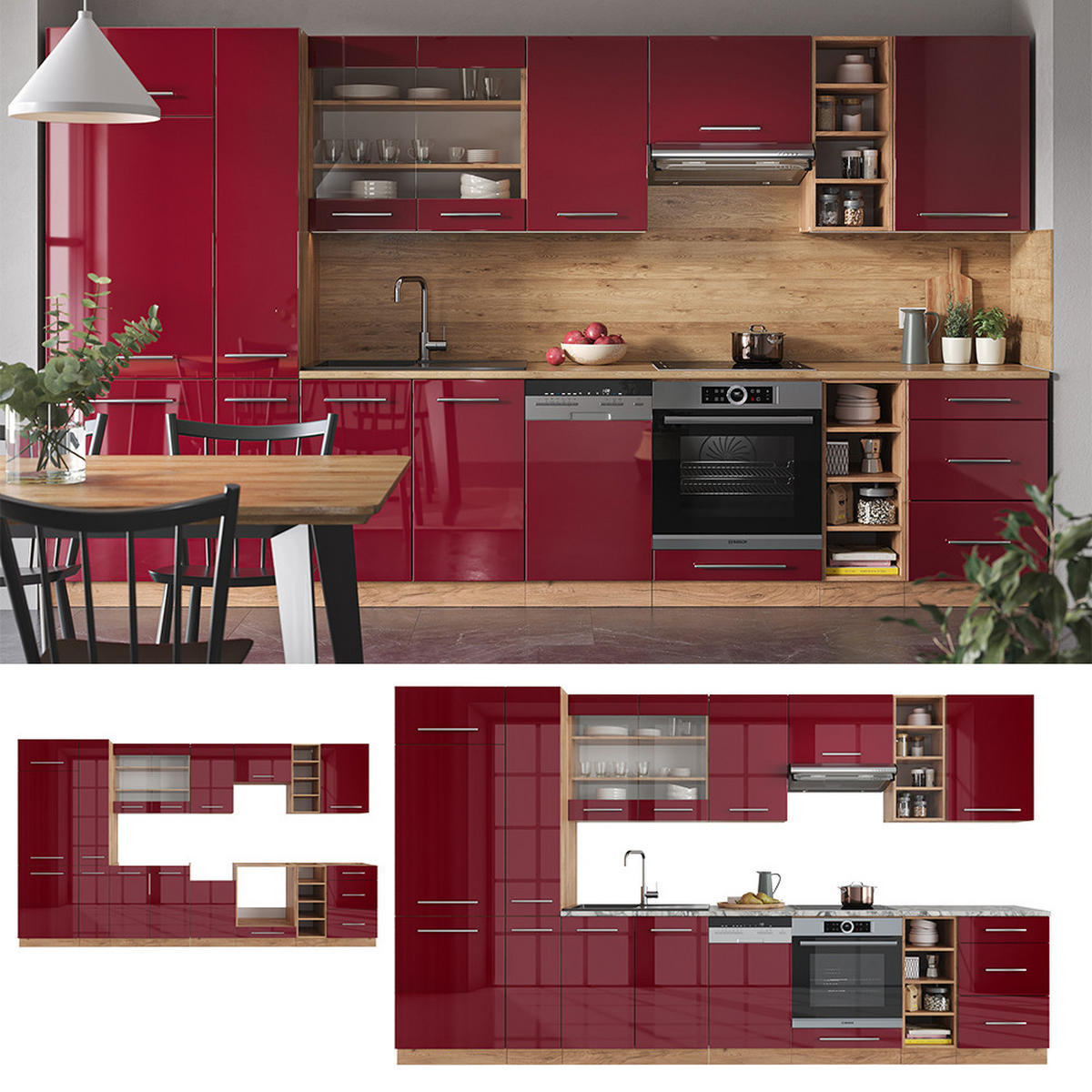 KÜCHENZEILE Fame-Line Bordeaux Hochglanz/Goldkraft Eiche 355 cm AP Marmor - Honigeiche/Bordeaux, Holzwerkstoff (355/81.6/60cm) - Vicco
