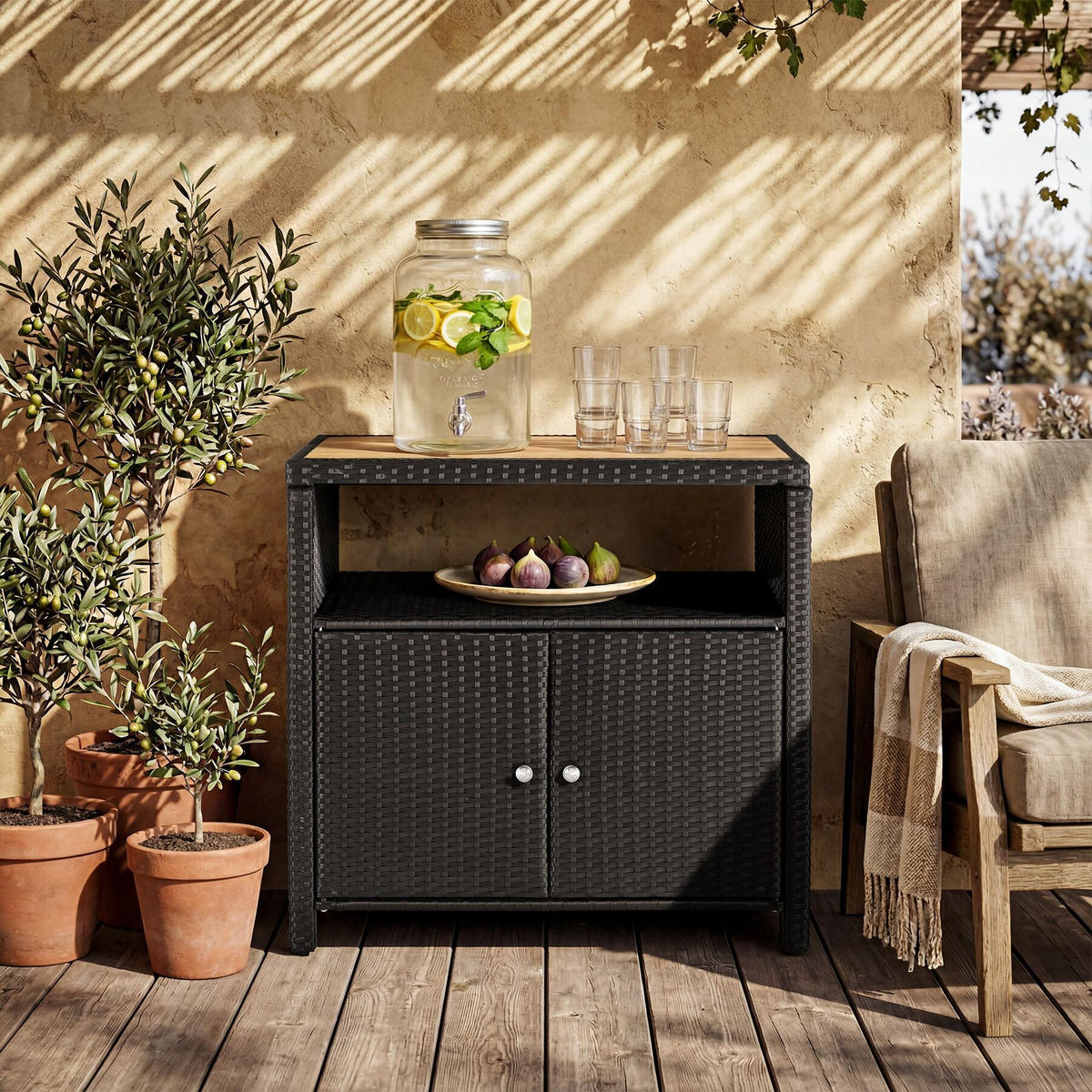 GARTENSCHRANK Monscia, höhenverstellbare Füße, 90 x 55,5 x 87 cm, schwarz - Schwarz, Kunststoff (90/97/55.5cm) - tectake