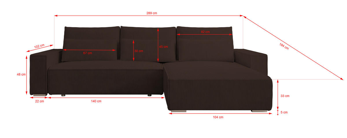 ECKSOFA Alice mit Bettkasten und Schlaffunktion, Cordstoff in L-Form - Braun, Textil (289/184cm)