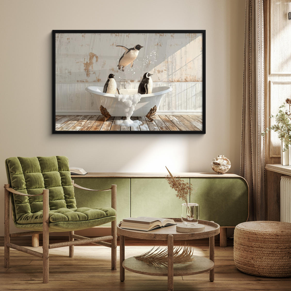 ZARÁMOVANÝ PLAGÁT Vintage - Tučniak - Vaňa - Pena 120x80 cm - čierna, papier (120/80cm) - MuchoWow