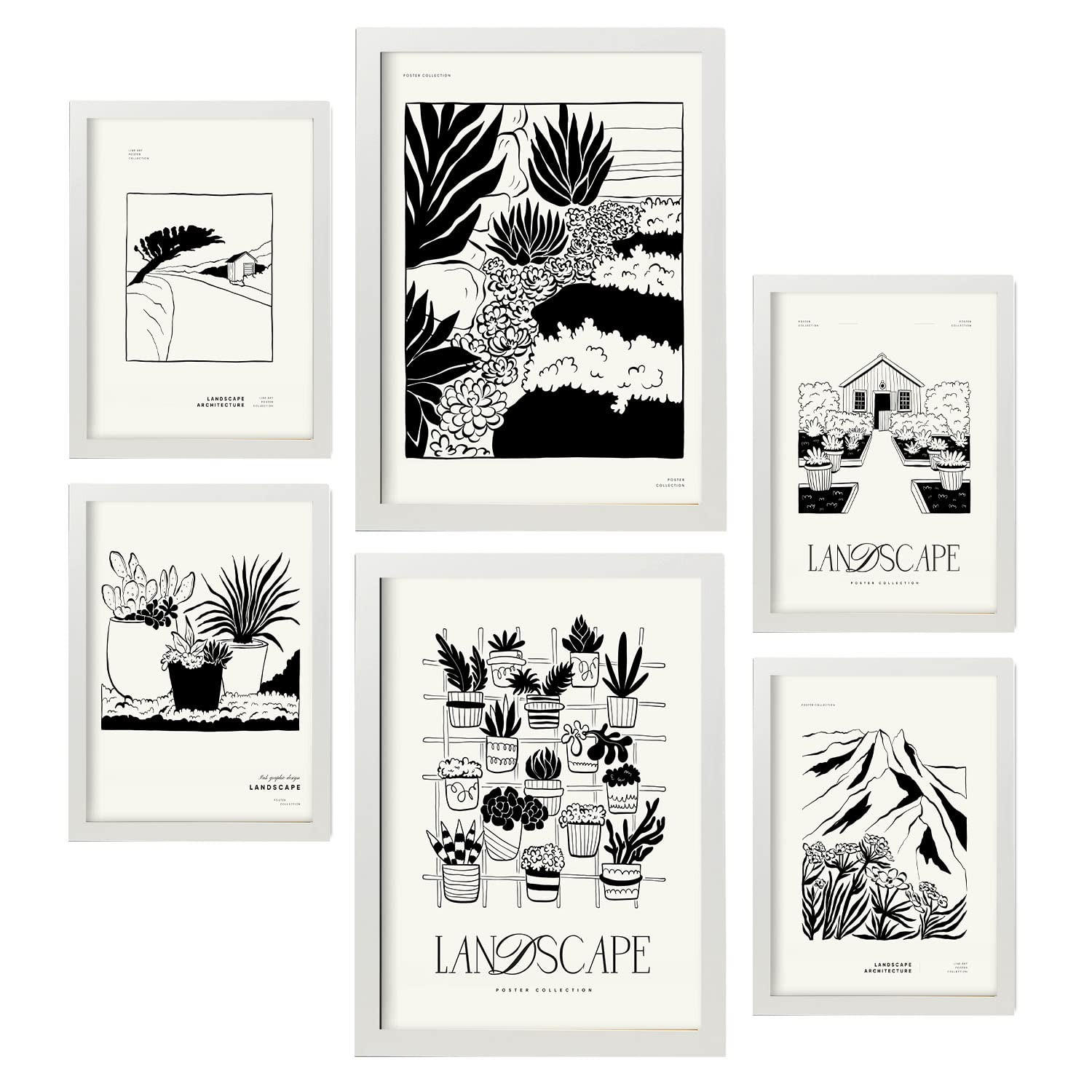 POSTER Set Mit 6 In Schwarzer Tinte Saftiger Garten Künstlerische Und Abstrakte Drucke Für Innenarchitektur A3 & A4 Weißer Rahmen - Weiß, Papier (29/3cm) - Nacnic