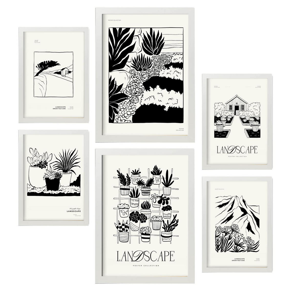 POSTER Set Mit 6 In Schwarzer Tinte Saftiger Garten Künstlerische Und Abstrakte Drucke Für Innenarchitektur A3 & A4 Weißer Rahmen - Weiß, Papier (29/3cm) - Nacnic