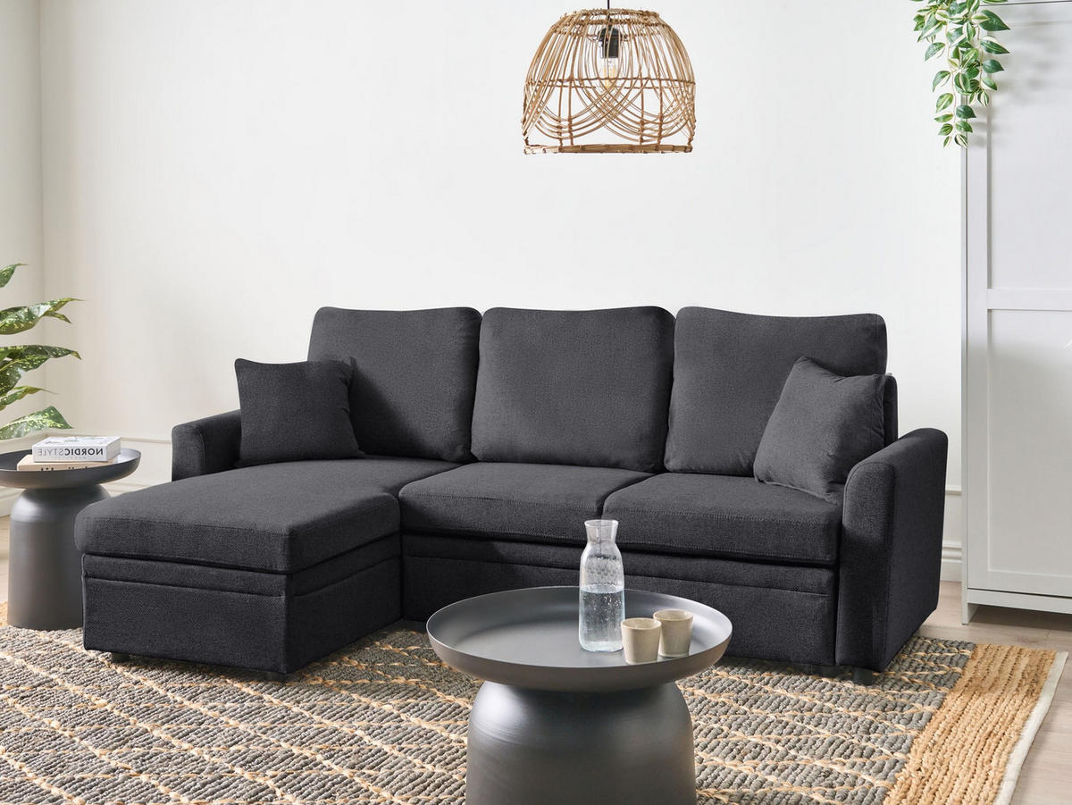 ROZKLÁDACÍ ROHOVÁ POHOVKA 3-místná Umělý len Černá pravostranná Nassjo - černá, textil (210/131cm) - Beliani