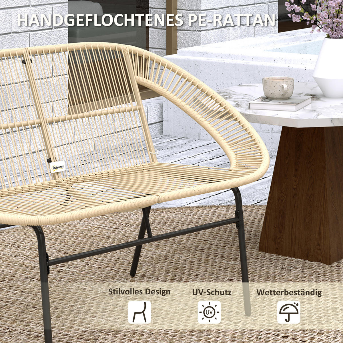 GARTENBANK 2-Sitzer im Rattanflecht-Design - Beige, Metall (72/83/126cm) - Outsunny