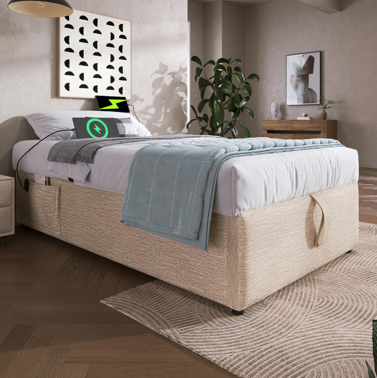 POLSTERBETT 90/200 cm aus Leinen mit Stauraum und USB- und Type-C-Anschlüssen - Beige, Textil (90/200cm) - Flora Grace