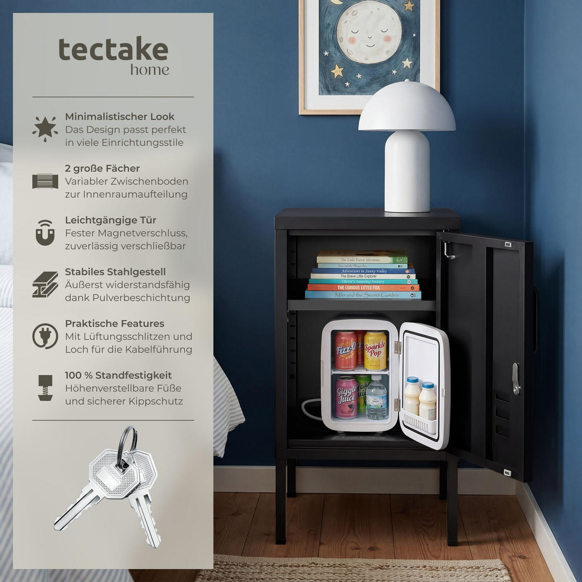 NACHTSCHRANK Baker, Kippschutz, höhenverstellbare Füße, schwarz - Schwarz, Metall (35/60.5/42.5cm) - tectake