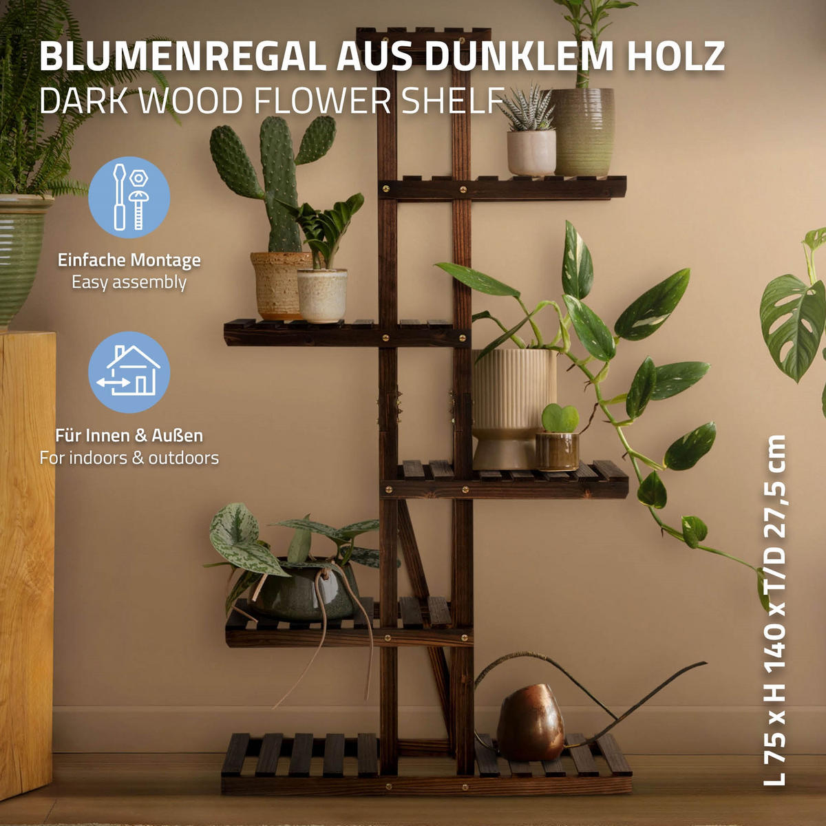 BLUMENREGAL - Braun, Holz (27.5/140/75cm) - ML-DESIGN