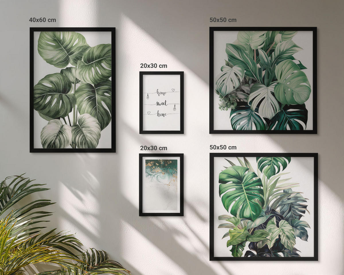 BILDER SET 5er Set - 50x50 cm & 20x30 cm & 40x60 cm Schwarzer Rahmen - Aquarell-Monstera-Blätter - Schwarz, Kunststoff (40/60cm) - TULUP