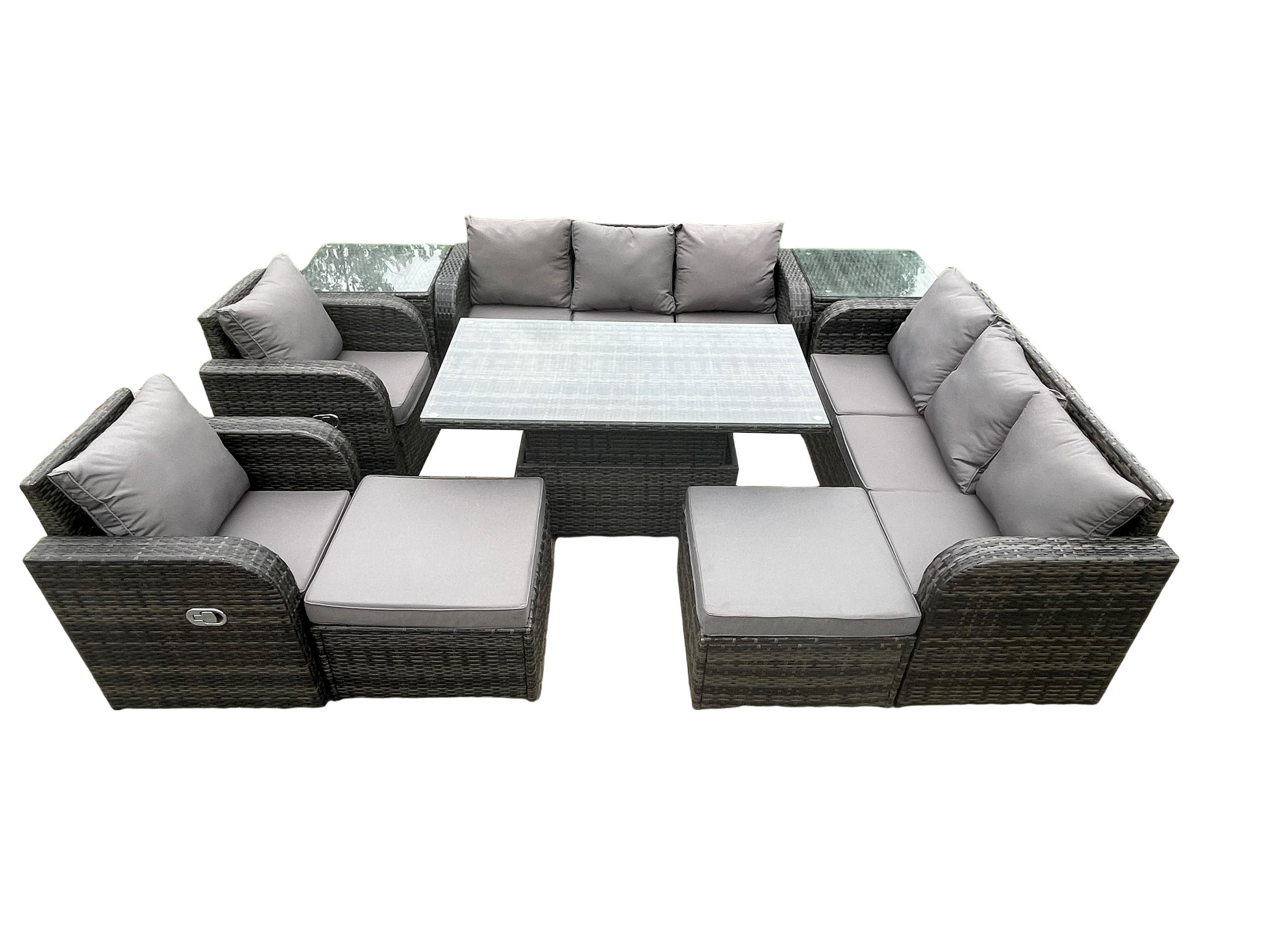 GARTENSOFA SET Polyrattan 10-Sitzer - Dunkelgrau/Grau, Glas/Kunststoff - Fimous