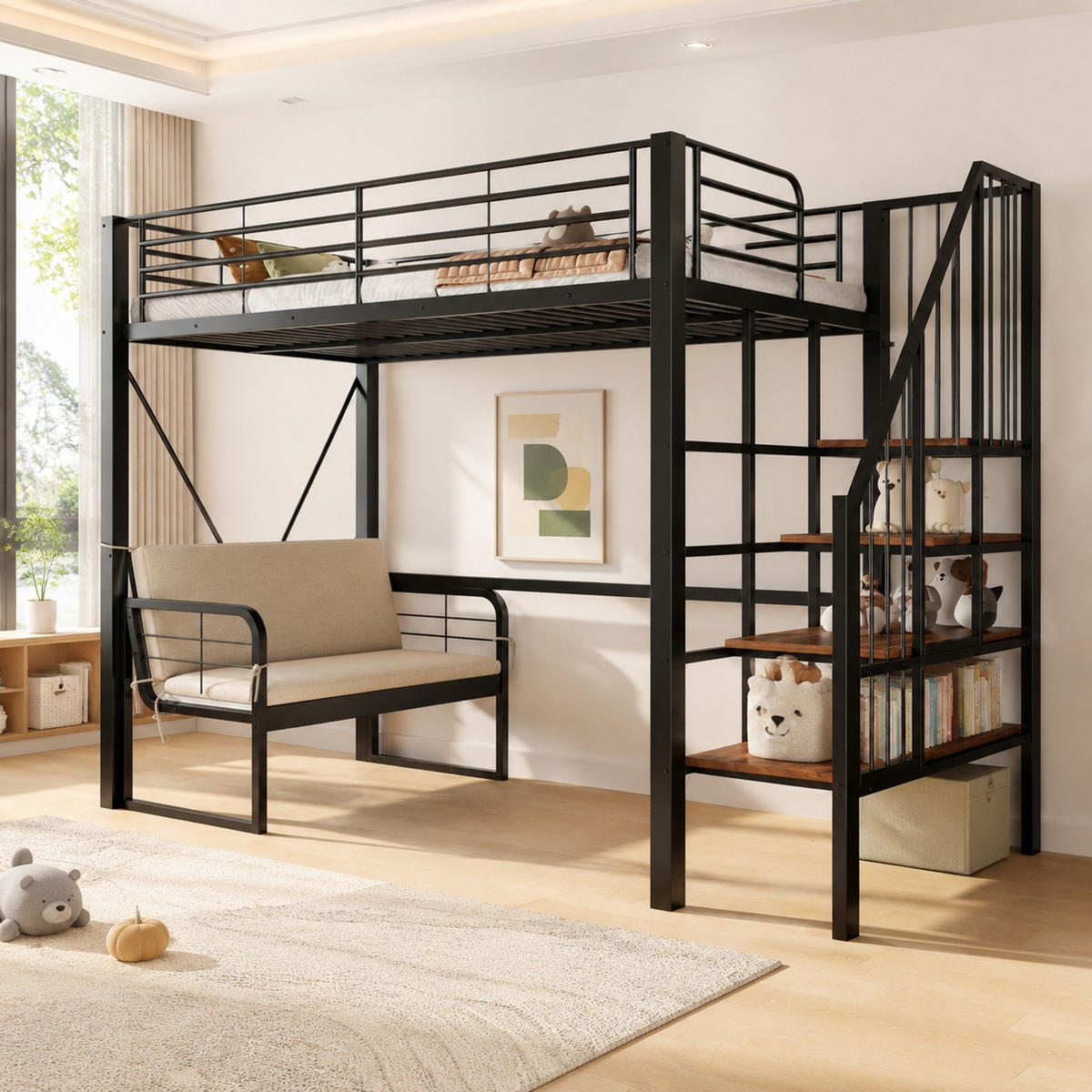 HOCHBETT 90/200 mit Polstersofa, Stauraumtreppe und Metallrahmen in Schwarz - Schwarz, Holzwerkstoff/Metall (90/200cm) - EVRYAE