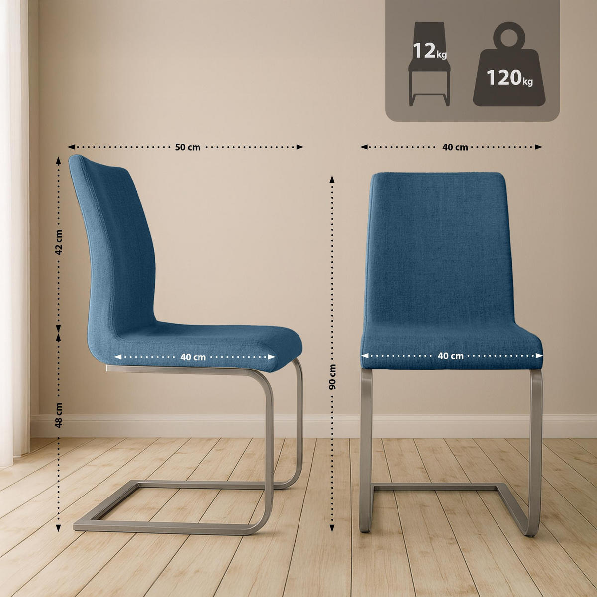 SCHWINGSTUHL 2er Set Stoff Blau - Blau/Edelstahlfarben, Textil/Metall (40/90/50cm) - CLP