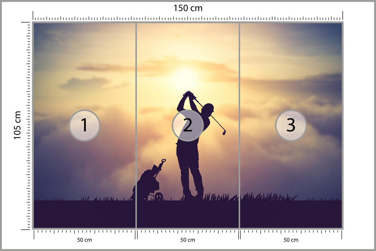 FOTOTAPETE für Jugendzimmer Golfer Sonnenuntergang Silhouette Sport 150x105 - Gelb/Violett, Papier (150/105cm) - Muralo