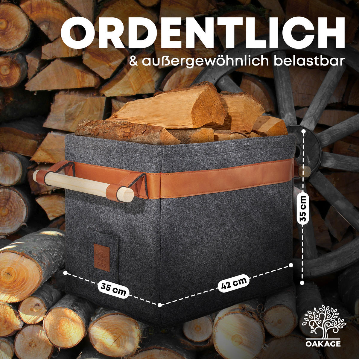 KAMINHOLZKORB Classic Filz mit Metallrahmen für Zusatzstabilität 42/32/35 cm - Dunkelgrau, Textil (32/35/42cm) - OAKAGE