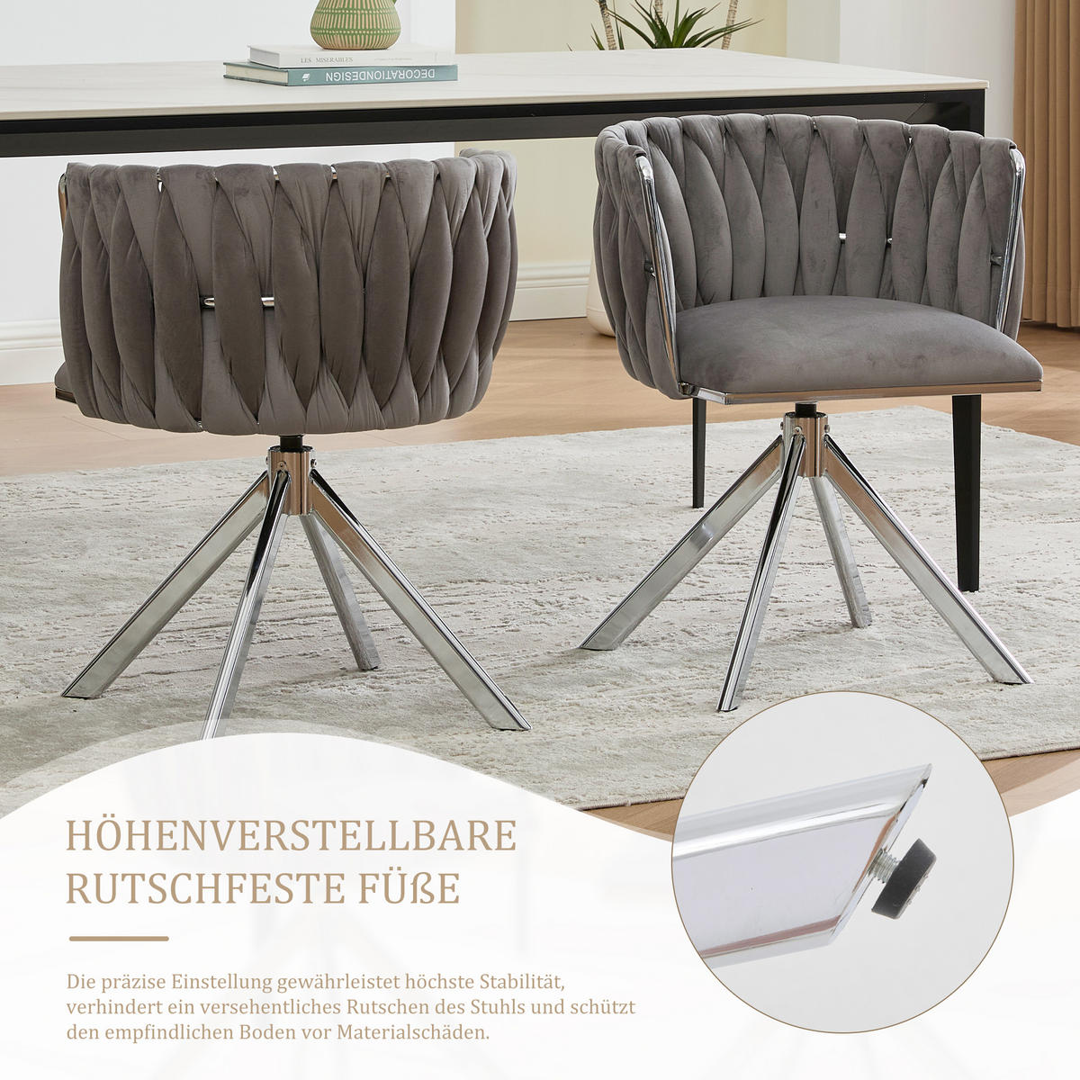 ARMLEHNSTUHL(SET à 2 Stück) mit Metallgestell - ergonomische Rückenlehne und 180° Schwenkfunktion - Hellgrau - Hellgrau, Textil/Metall (50/70/56cm) - KOMHTOM