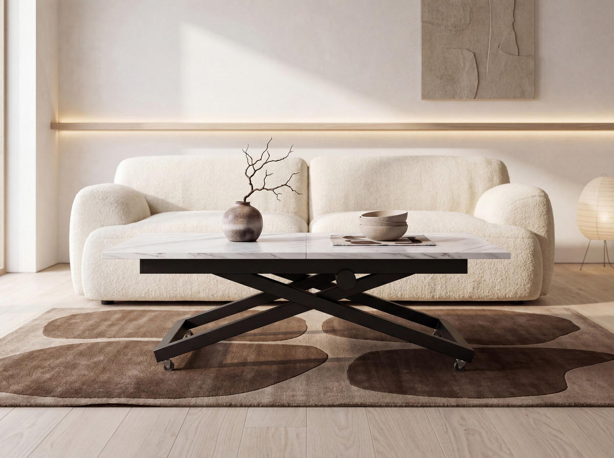 COUCHTISCH Axen höhenverstellbar ausziehbar, Marmor Weiß 120-160/80/38-75 cm - Ecru/Schwarz, Holzwerkstoff/Metall (80/160/75cm) - WFL GROUP