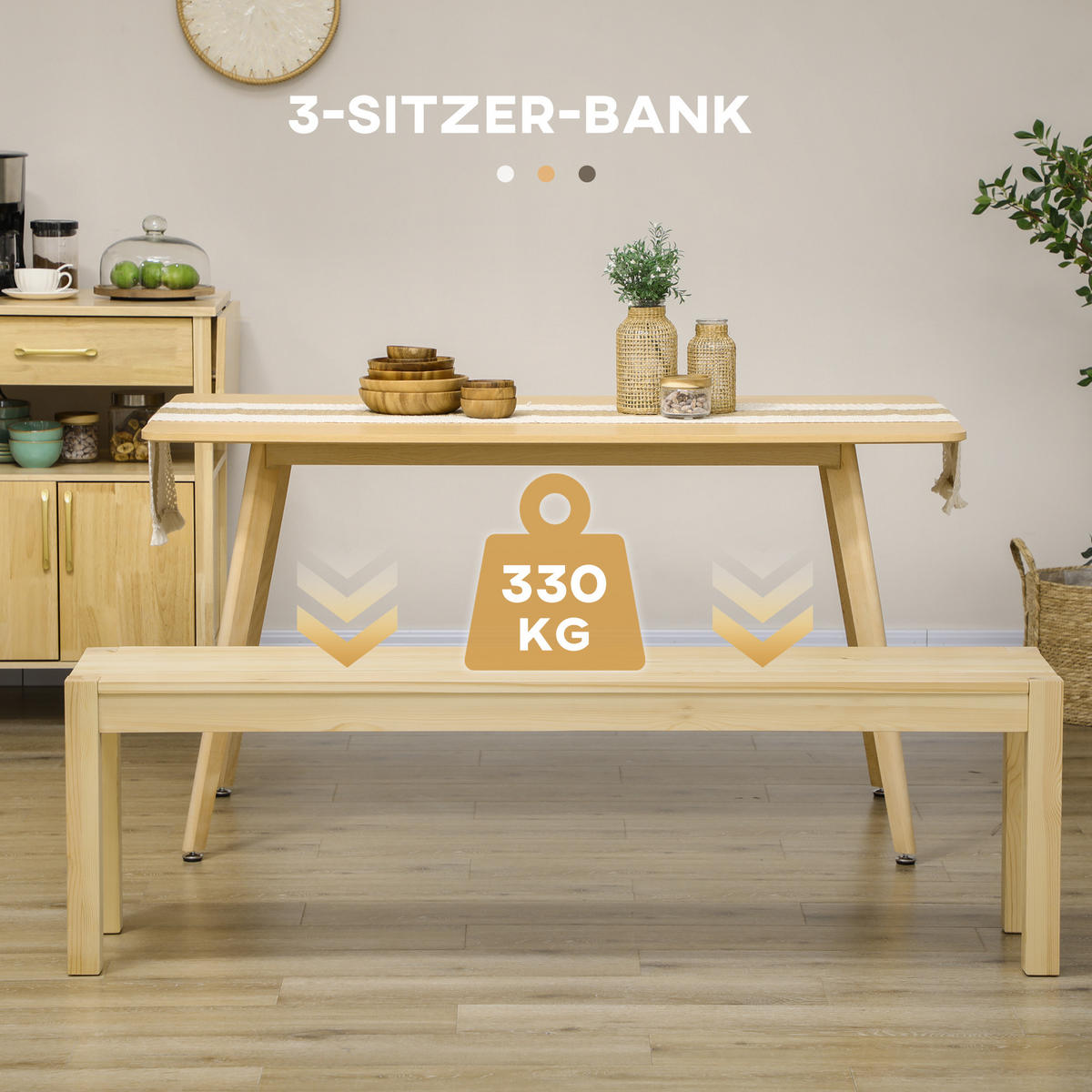 SITZBANK 3-Sitzer Holzbank Essbank im Landhaus-Stil, Küchenbank für Küche Natur - Naturfarben, Holz (33/45/150cm) - HOMCOM