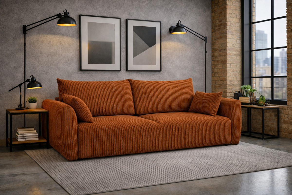 SOFA Mit Schlaffunktion Und Bettkasten, Cordstoff Poso, Kupfer, Zephira - Orange, Holz (238/87/102cm) - Kaiser Möbel