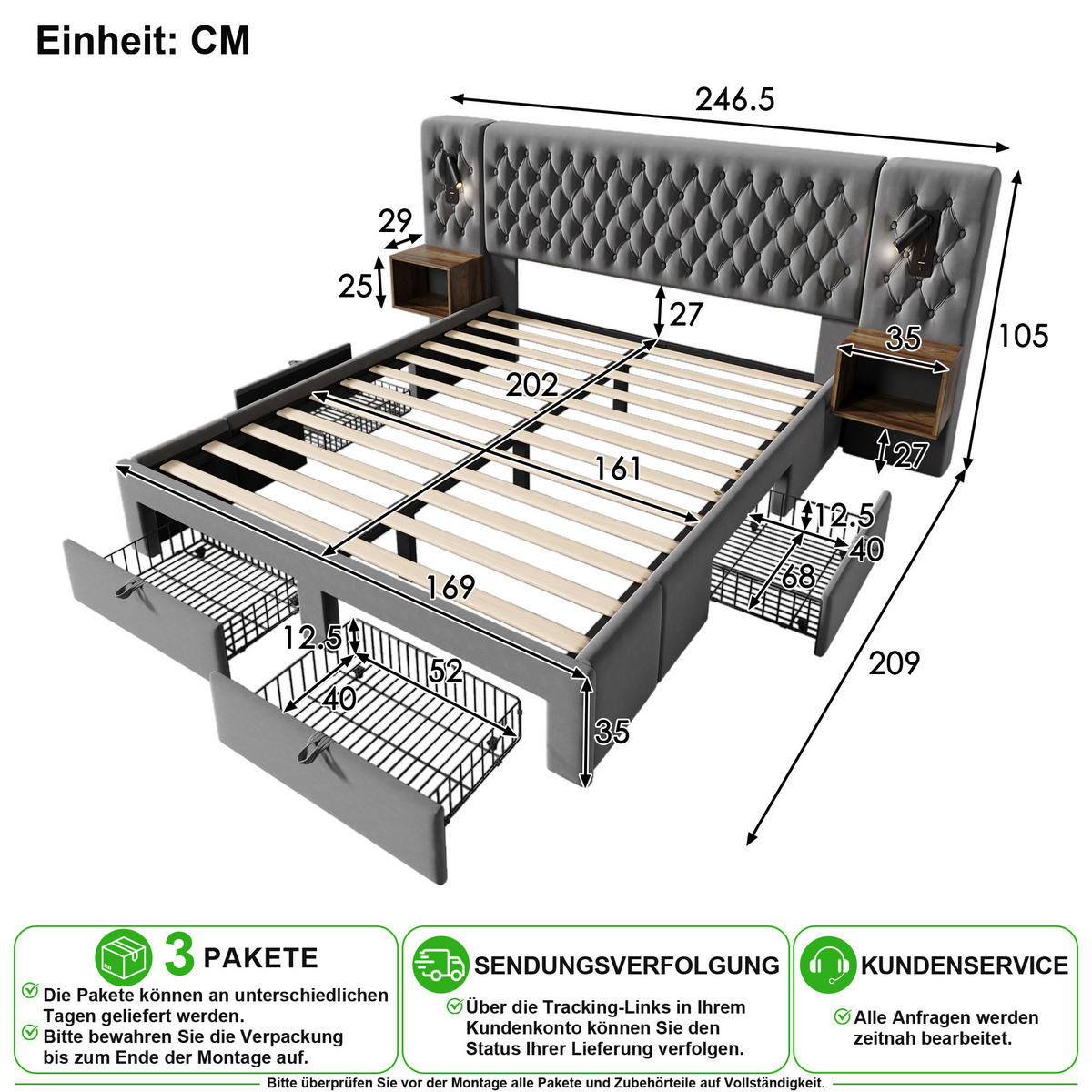 ČALOUNĚNÁ POSTEL 160/200 cm v šedé barvě se 4 zásuvkami, lampičkami a USB/Type-C ze sametu - šedá, kov/kompozitní dřevo (160/200cm) - CHICFURN
