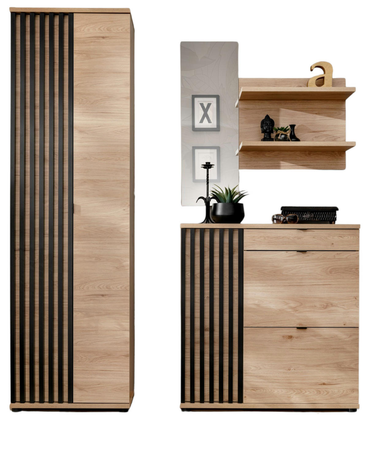 GARDEROBE Set 3-teilig Eiche Jackson, schwarz 170 cm, Garderobenkombination mit 3D-Lamellen - Eichefarben/Schwarz, Holzwerkstoff/Kunststoff (160/202/35cm) - Furn.Design