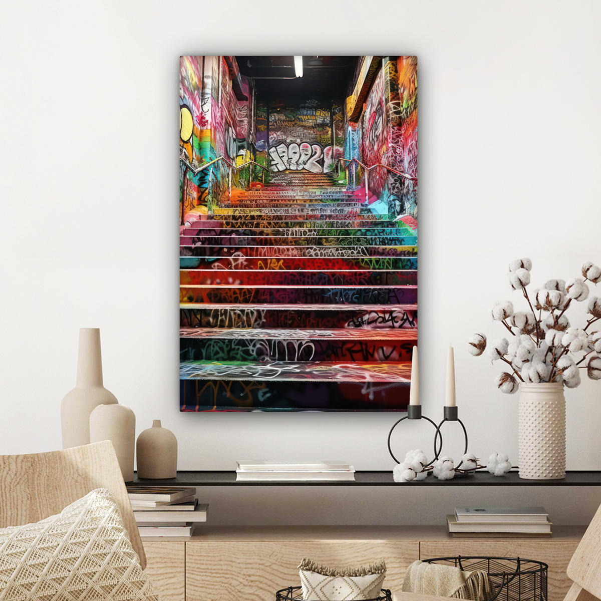 LEINWANDBILD Treppe - Graffiti - Farben - Kunst Wanddeko Schlafzimmer 60x90 cm - Multicolor, Textil (60/90cm) - MuchoWow