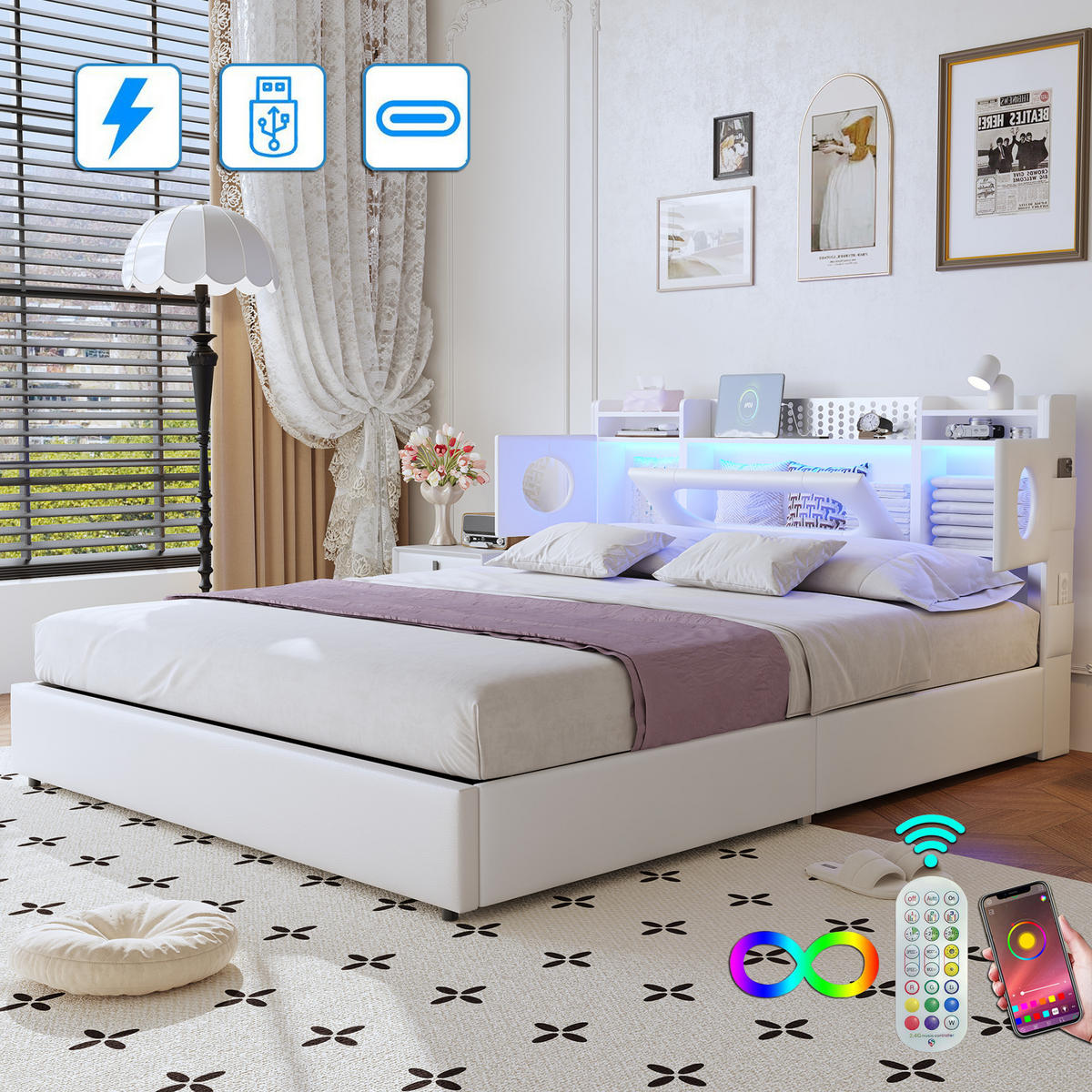 POLSTERBETT 160x200 cm, Mit LED-Beleuchtung, Verstellbares Kopfteil und Stauraum, USB- und Typ-C-Ladefunktion, PU-Bezug, Jugendbett - White - Weiß, Holzwerkstoff (160/200cm) - Brevoria