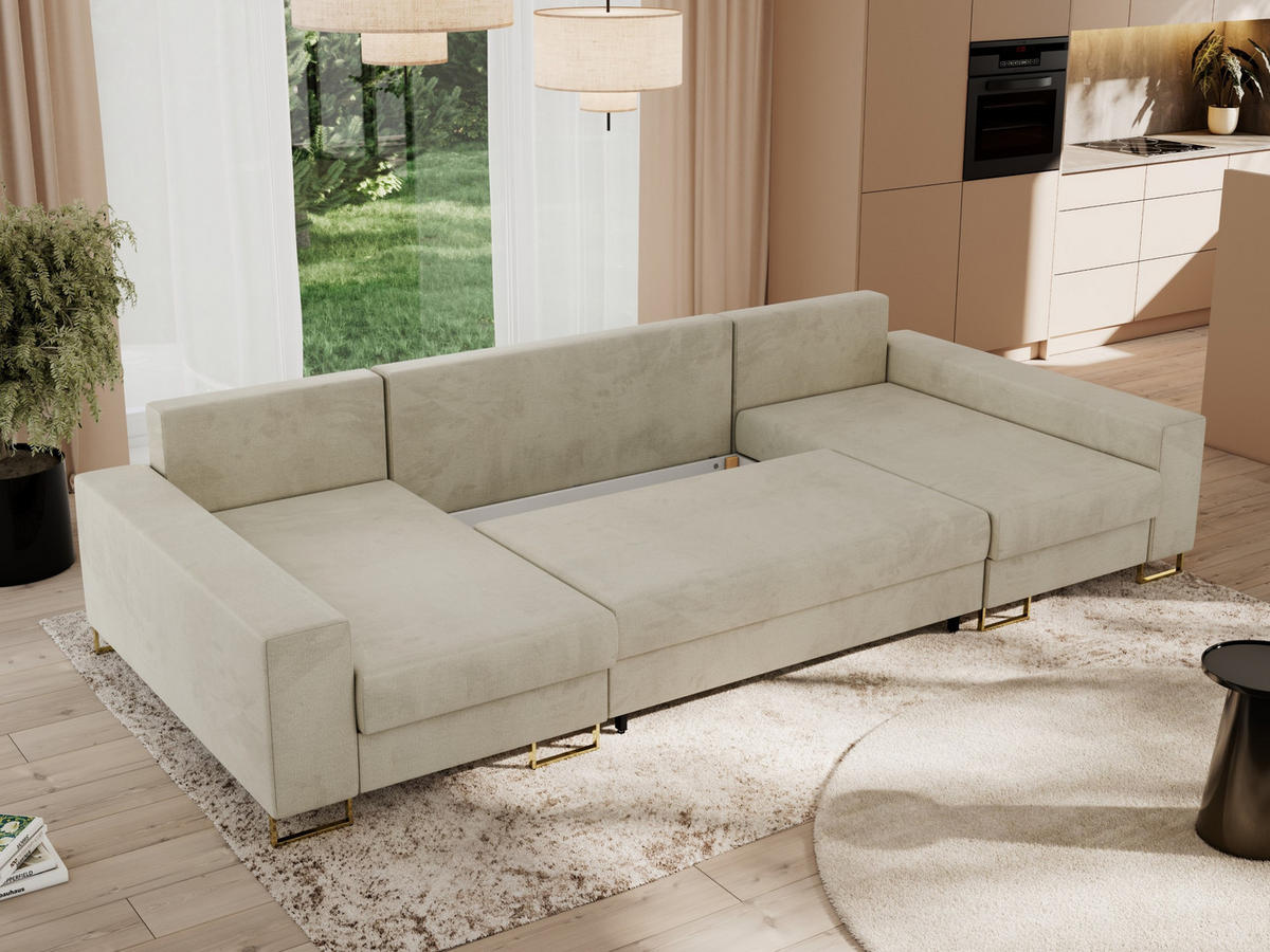 WOHNLANDSCHAFT DORIAN U Velvet Beige - Beige/Goldfarben, Textil/Metall (312/95/138cm) - MKS