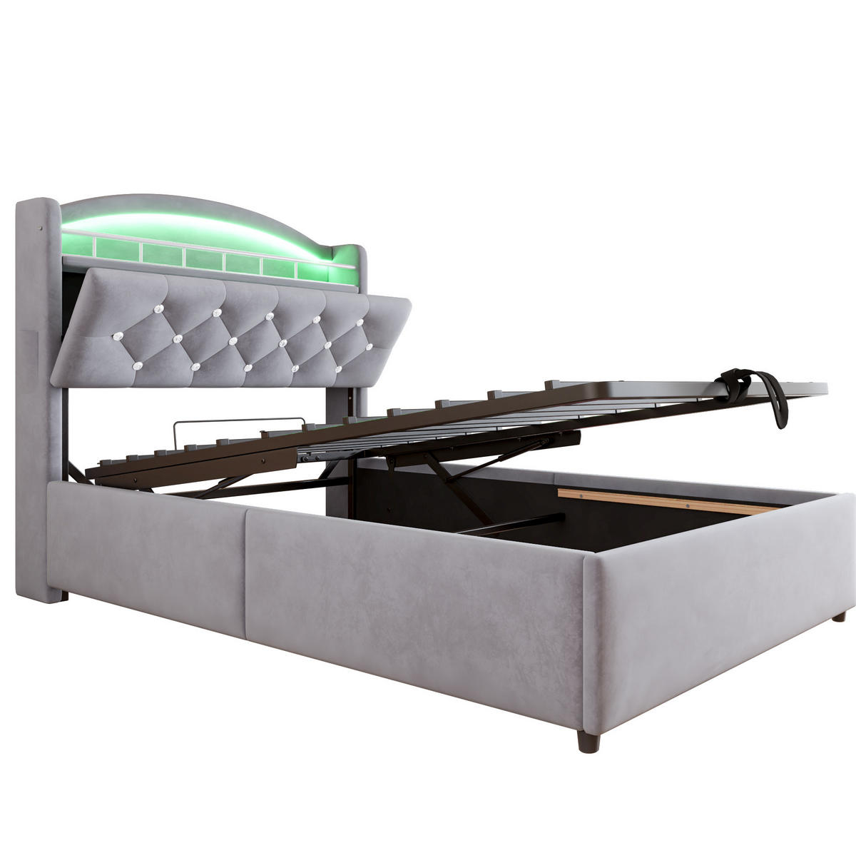 POLSTERBETT 90/200 cm Grau mit Stauraum, LED und USB- und Type-C-Anschlüssen - Grau, Textil (90/200cm) - Flora Grace