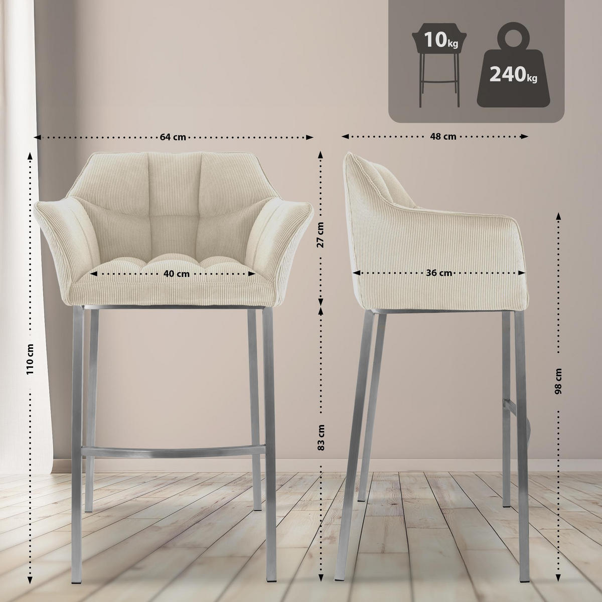 BARHOCKER Damaso Cordbezug 110x64x48 cm creme - Creme, Metall (64/110/48cm) - furnicato