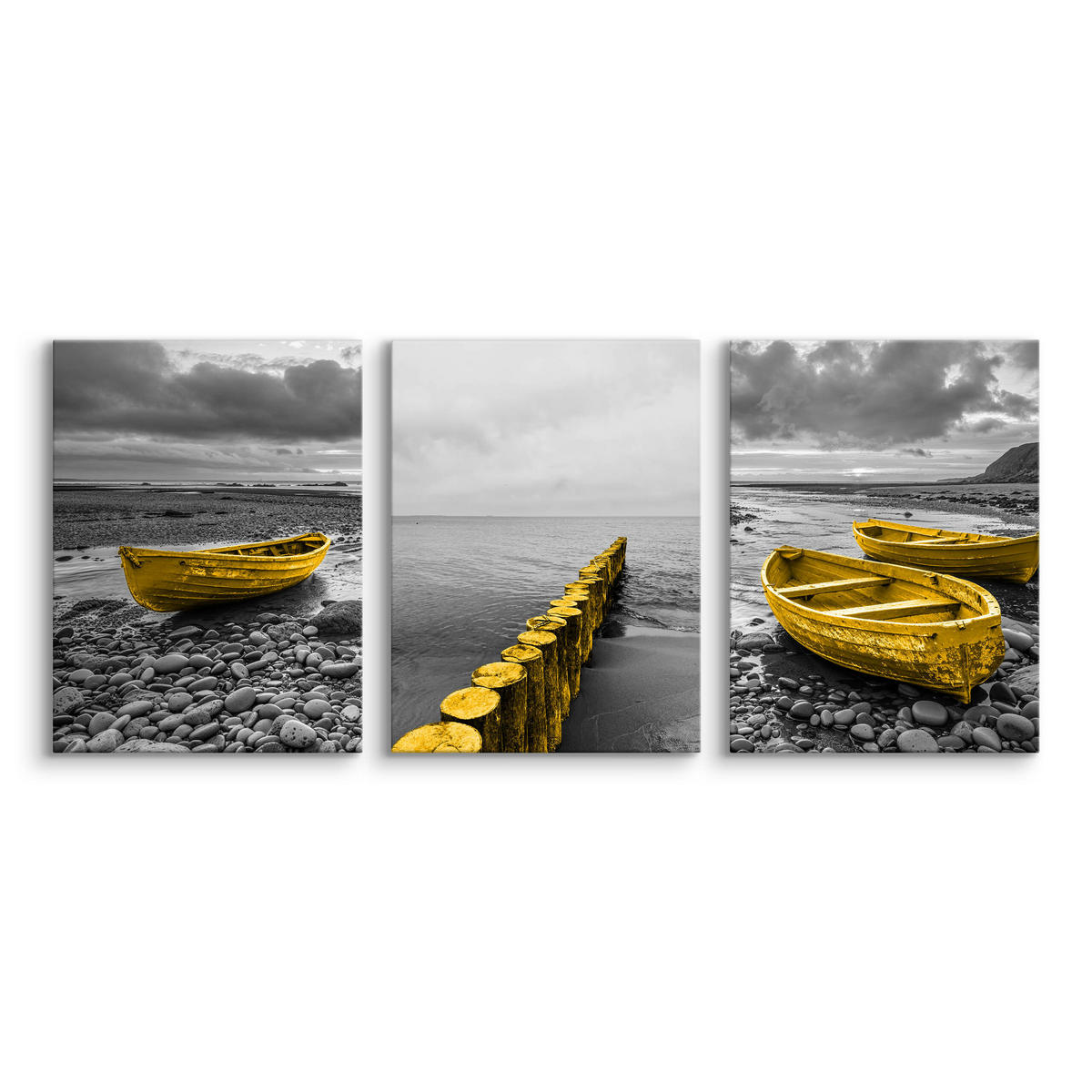 LEINWANDBILDER 3-es Set Boote Meer 3D - Gelb/Schwarz, Textil (90/40cm) - Muralo