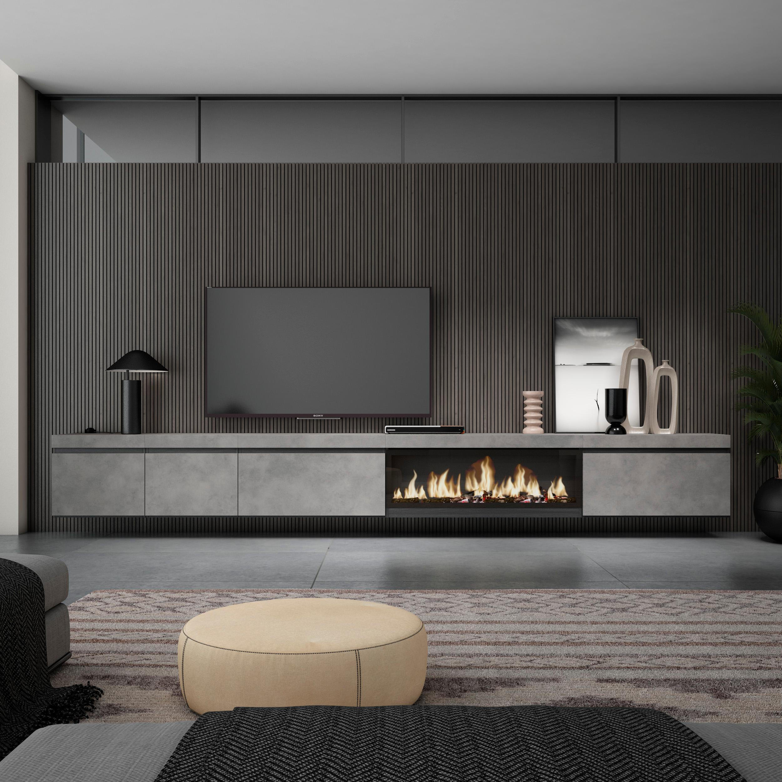 TV-SCHRANK Elektrokamin XXL, Hängend, zementgrau, 368/35/45cm - Grau, Holzwerkstoff (368/45/35cm) - Skraut Home