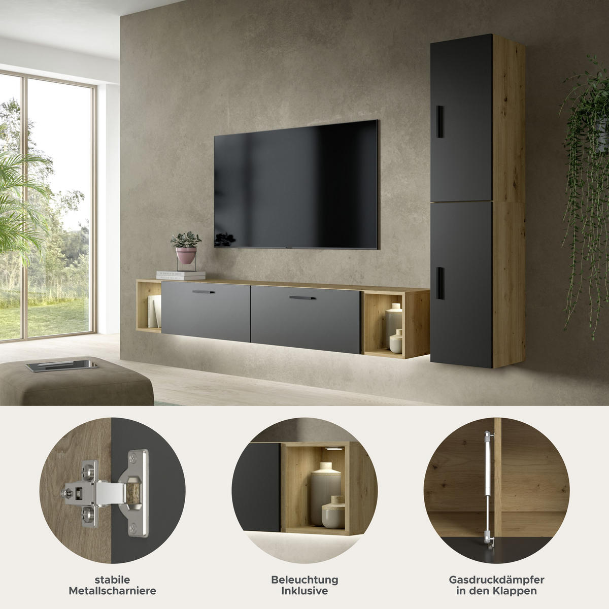 WOHNWAND INKL BELEUCHTUNG The One Basalt grau 259/34/182 cm - Braun, Holzwerkstoff (259/182/34cm) - Xonox