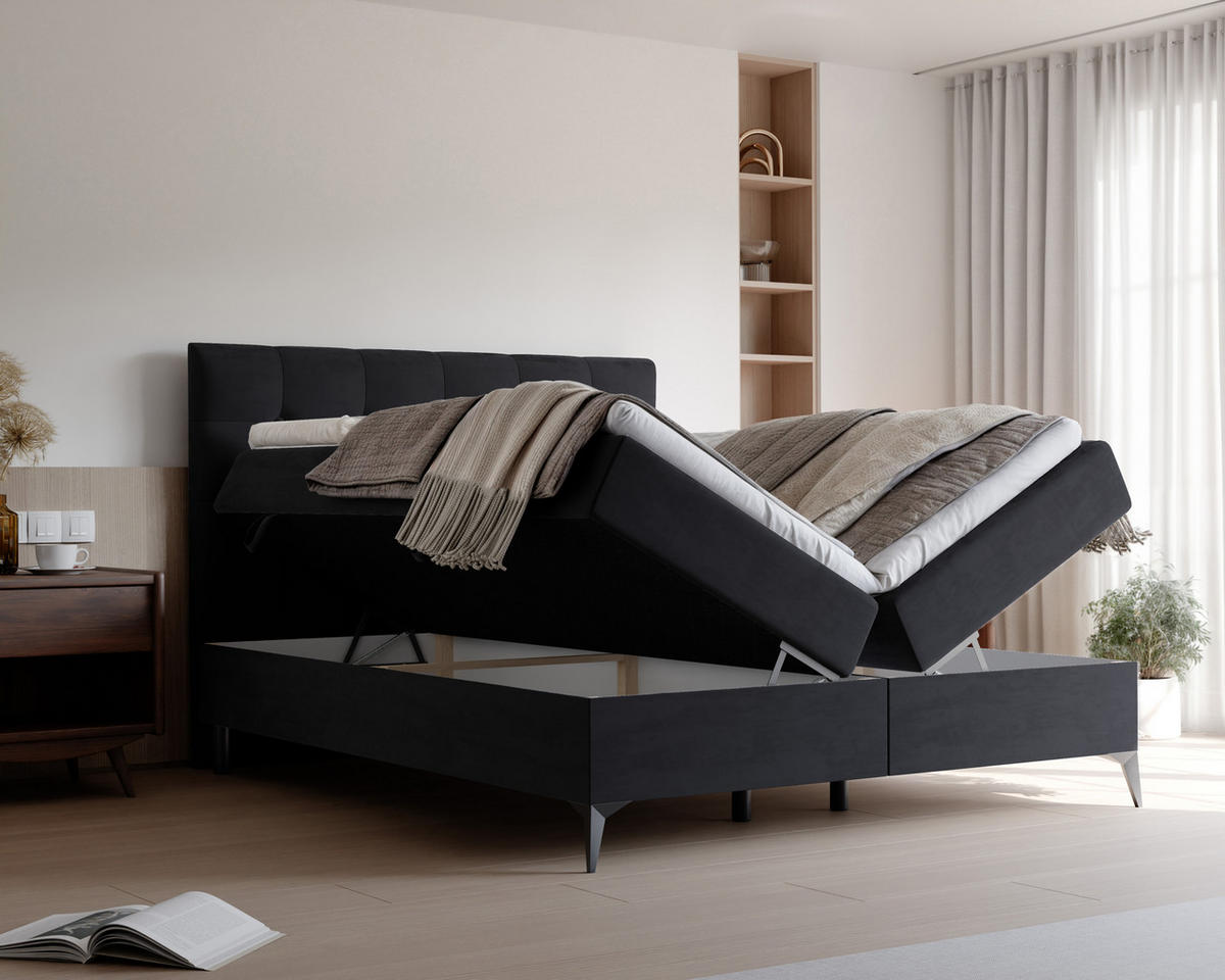 BOXBETT BAILEY 180/200 cm mit Matratze und Topper, Schwarz - Schwarz, Holzwerkstoff/Textil (180/200cm) - Idohome