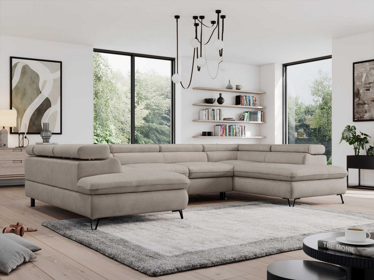 WOHNLANDSCHAFT PEDRO U Samt Beige - Beige/Schwarz, Textil/Metall (346/76/208cm) - MKS