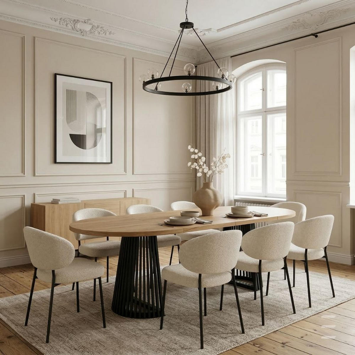 ESSTISCH runder ausziehbarer Tisch für Esszimmer DOVER 100 / 200 cm, Farbe: Eiche Lancelot / Schwarz - Hellbraun/Schwarz, Holz (200/100/77cm) - Dekori_Interiors