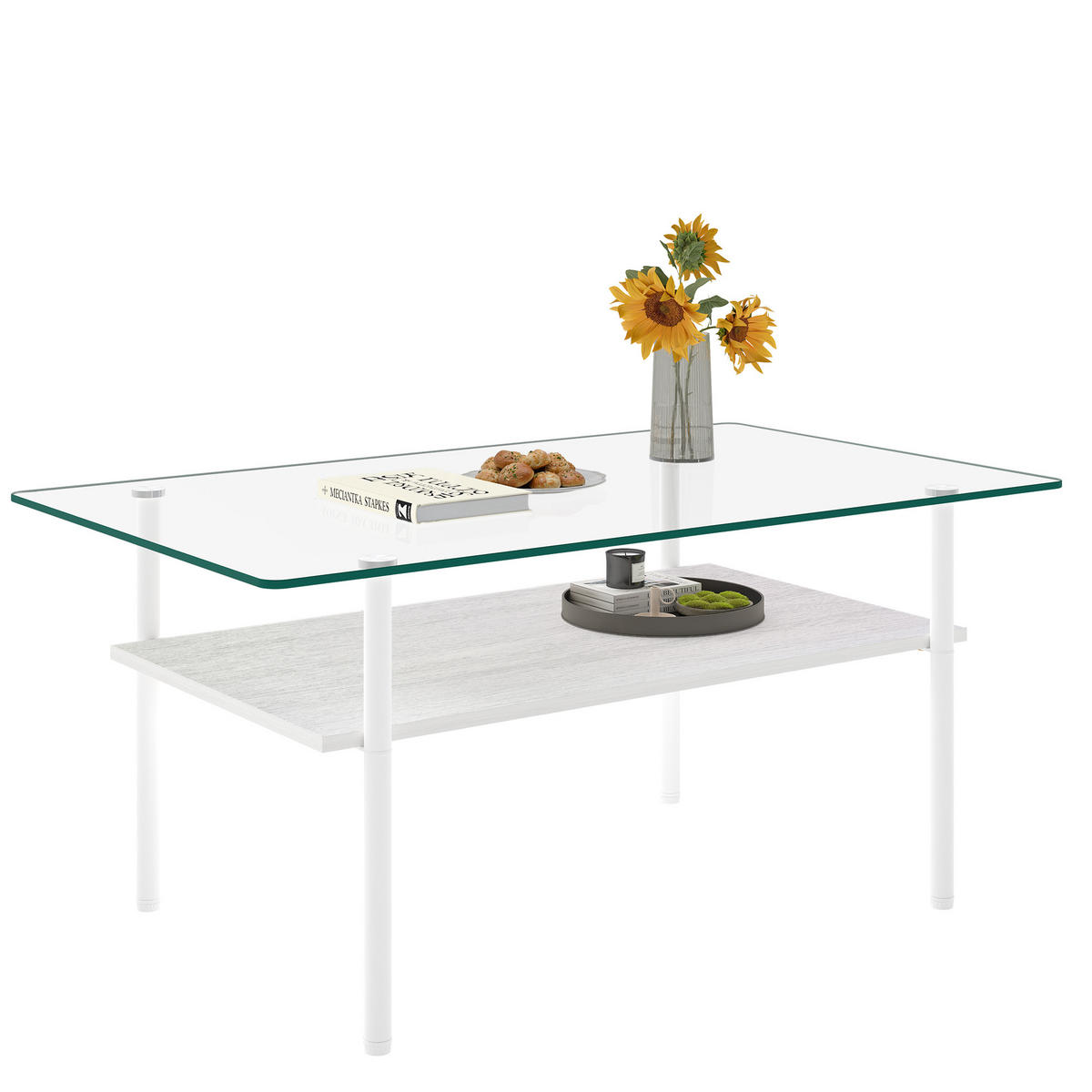 COUCHTISCH DE-37418 rechteckig mit Glasplatte und MDF-Ablage Weiß - Weiß, Metall (98/58/45cm) - ComfortXL