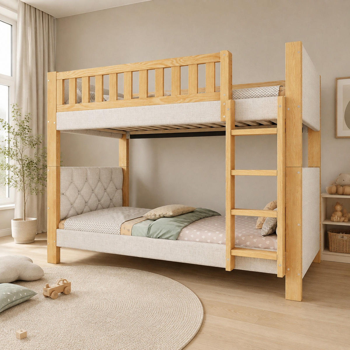 ETAGENBETT 90/200 mit Antikollisionskante, Fallschutz und 4-stufiger Treppe in Grau und Natur - Grau, Holzwerkstoff (90/200cm) - EVRYAE