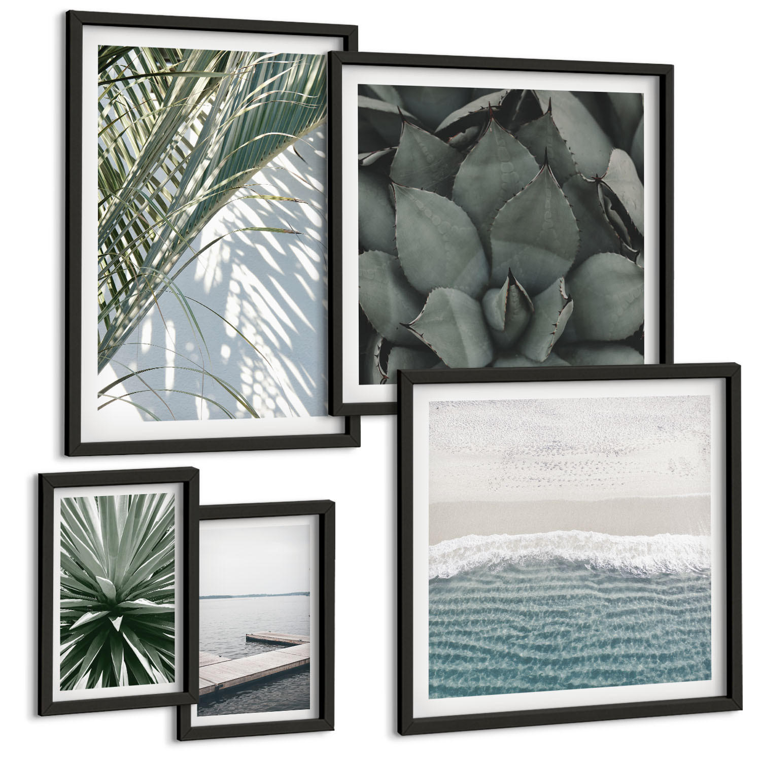 BILDER SET 5er Set - 50x50 cm & 20x30 cm & 40x60 cm Schwarzer Rahmen - Hängebrücke aus Palmenblättern - Schwarz, Kunststoff (40/60cm) - TULUP