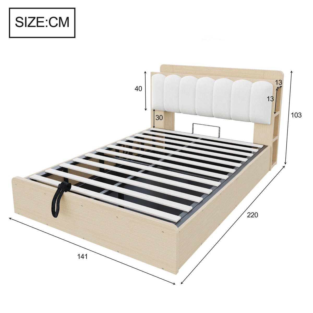 BETT 140/200 cm in Naturfarben mit Bettkasten, USB und Ablage Holz Design - Weiß/Naturfarben, Holzwerkstoff/Textil (140/200cm) - STILVORA