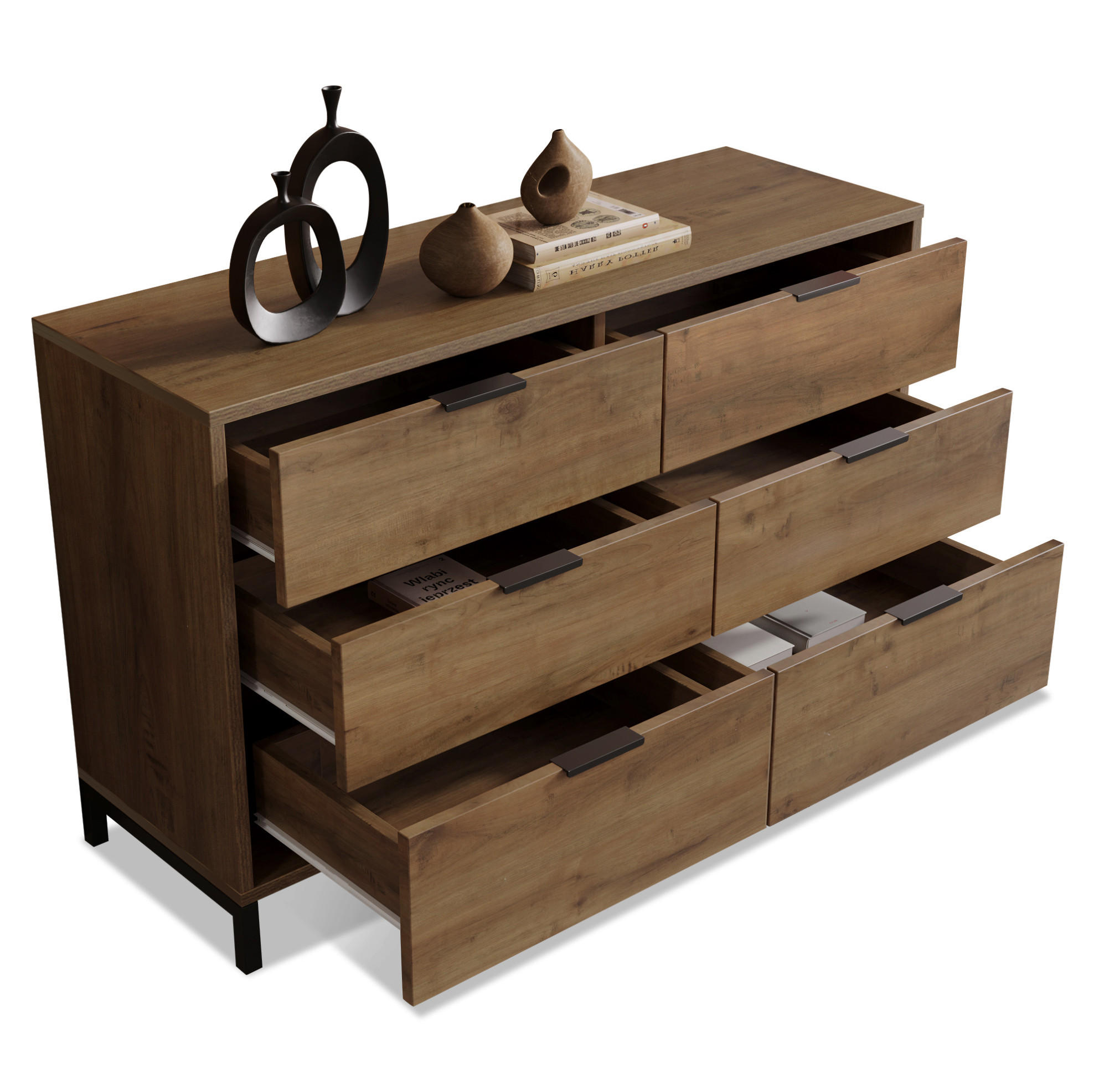 KOMMODE 120/40/76 cm in Dunkler Eiche mit 6 Schubladen und Metallgestell - Nussbaumfarben, Holzwerkstoff (120/76/40cm) - Flora Grace