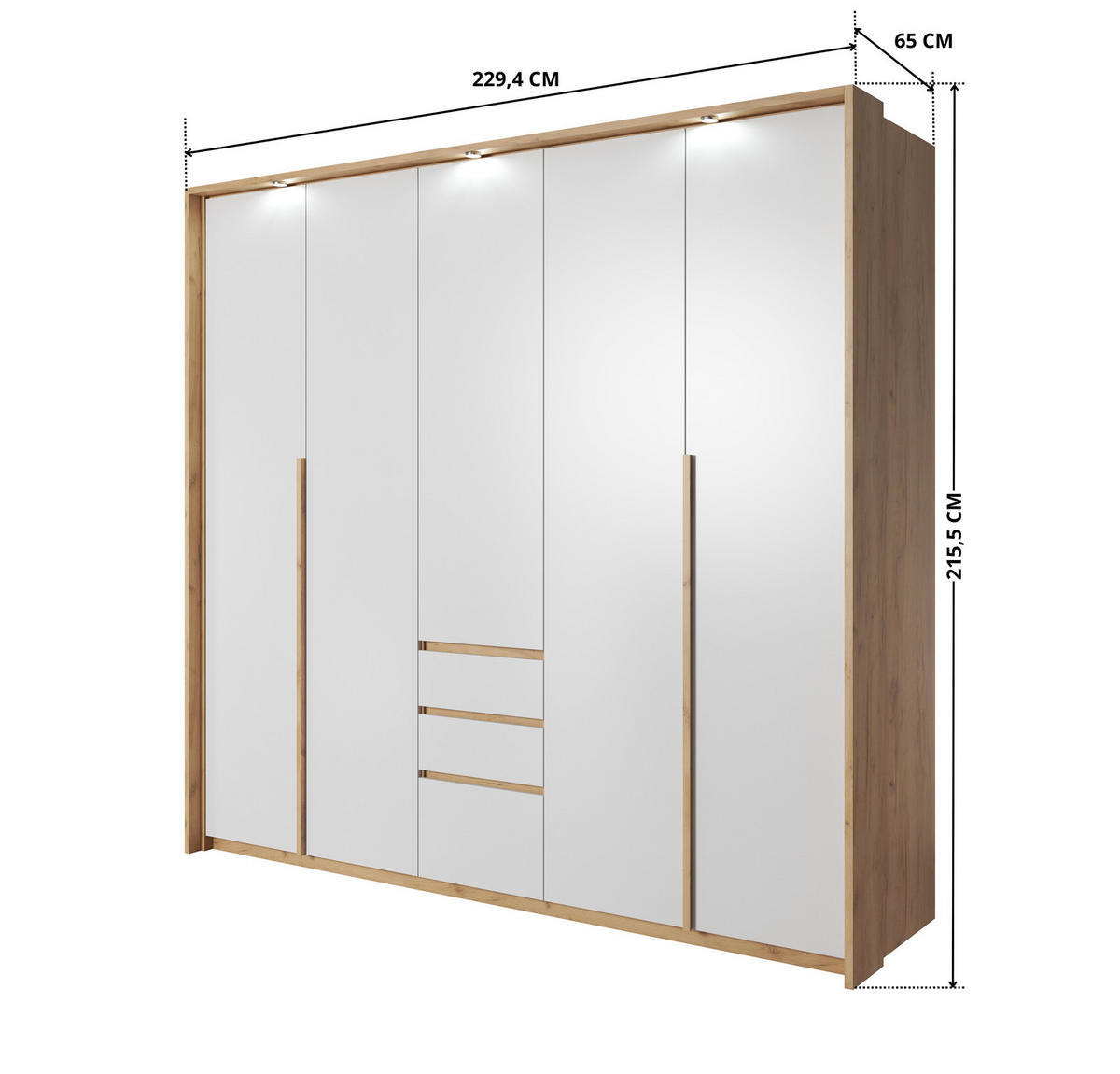 KLEIDERSCHRANK CORSA 230 cm Eiche Craft Gold / Weiß - mit Falttüren, Passepartout und LED - Eichefarben/Weiß, Holz/Holzwerkstoff (230/215/65cm) - Ravio