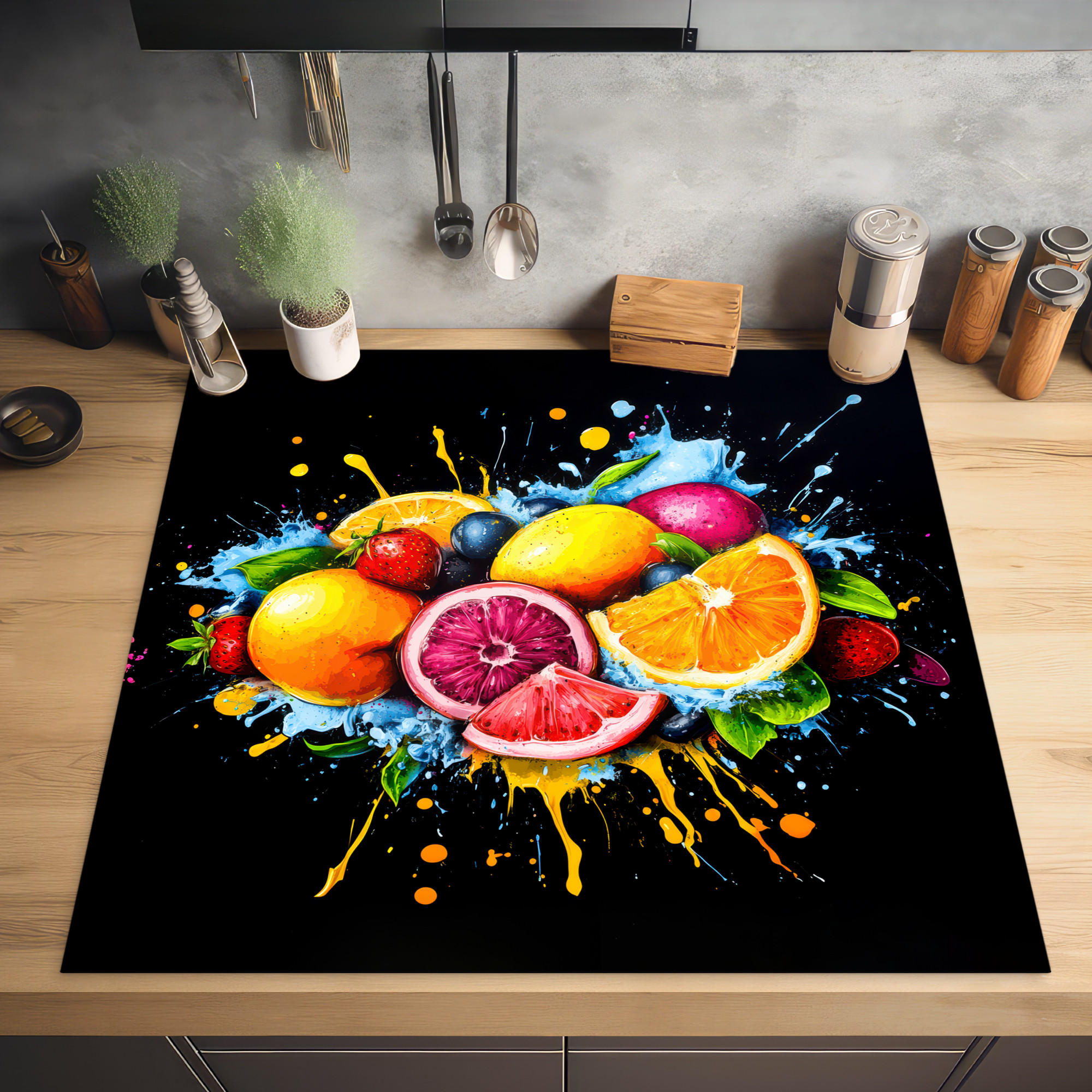 HERDABDECKPLATTE Obst - Graffiti - Bunt - Orange - Erdbeere - Abstrakt 78x78 cm - Orange, Kunststoff (78/0.2/78cm) - MuchoWow