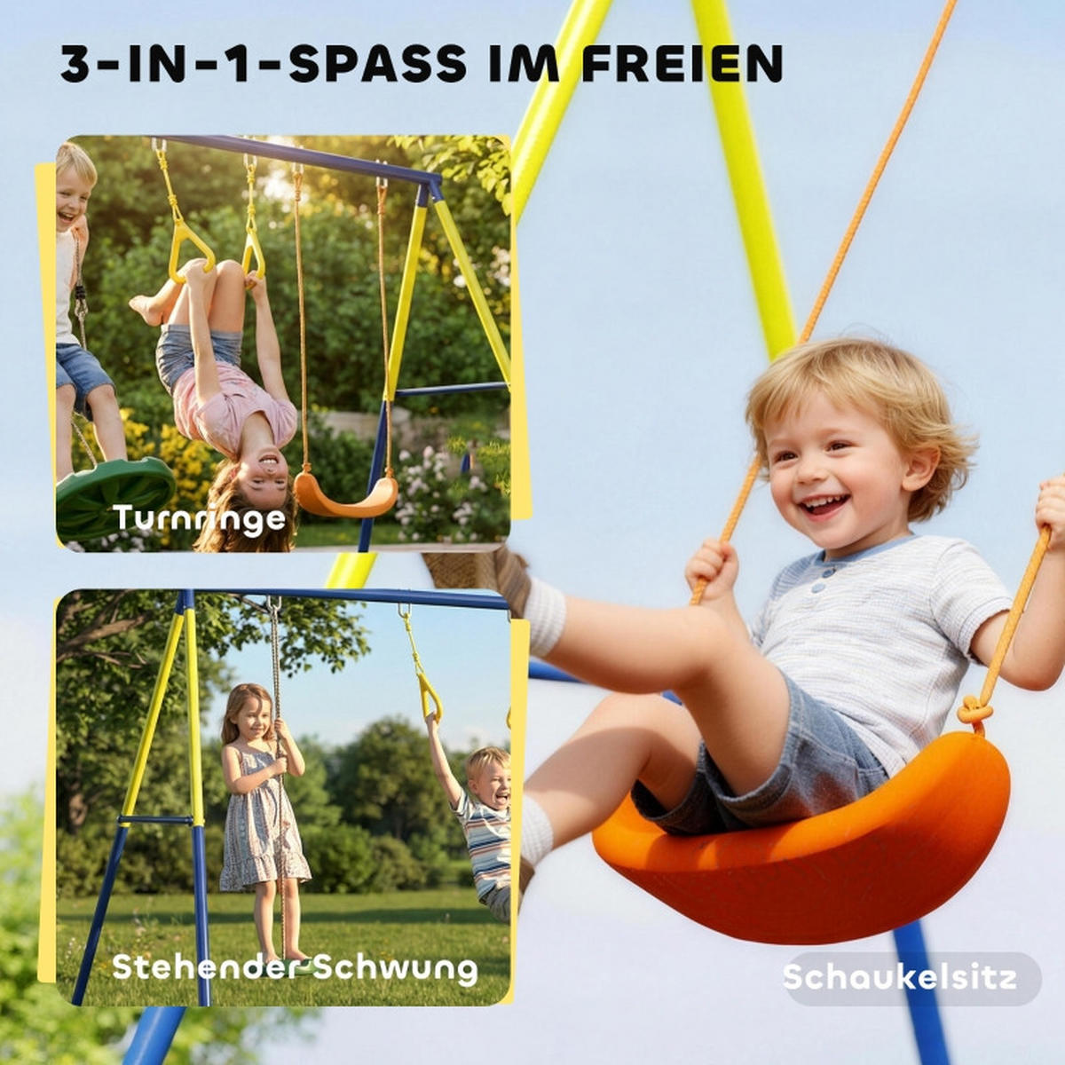 KINDERSCHAUKEL mit klassischer Schaukel 3-in-1, Turnringe, Stehschaukel, 285x160x181cm - Blau, Metall (160/285cm) - Hauptrolle